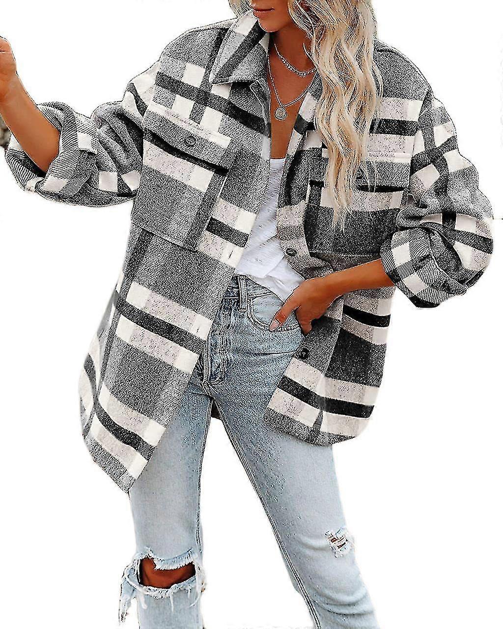 Women's Flannel Plaid Jacket Long Sleeve Button Down Shirts Coats Shacket