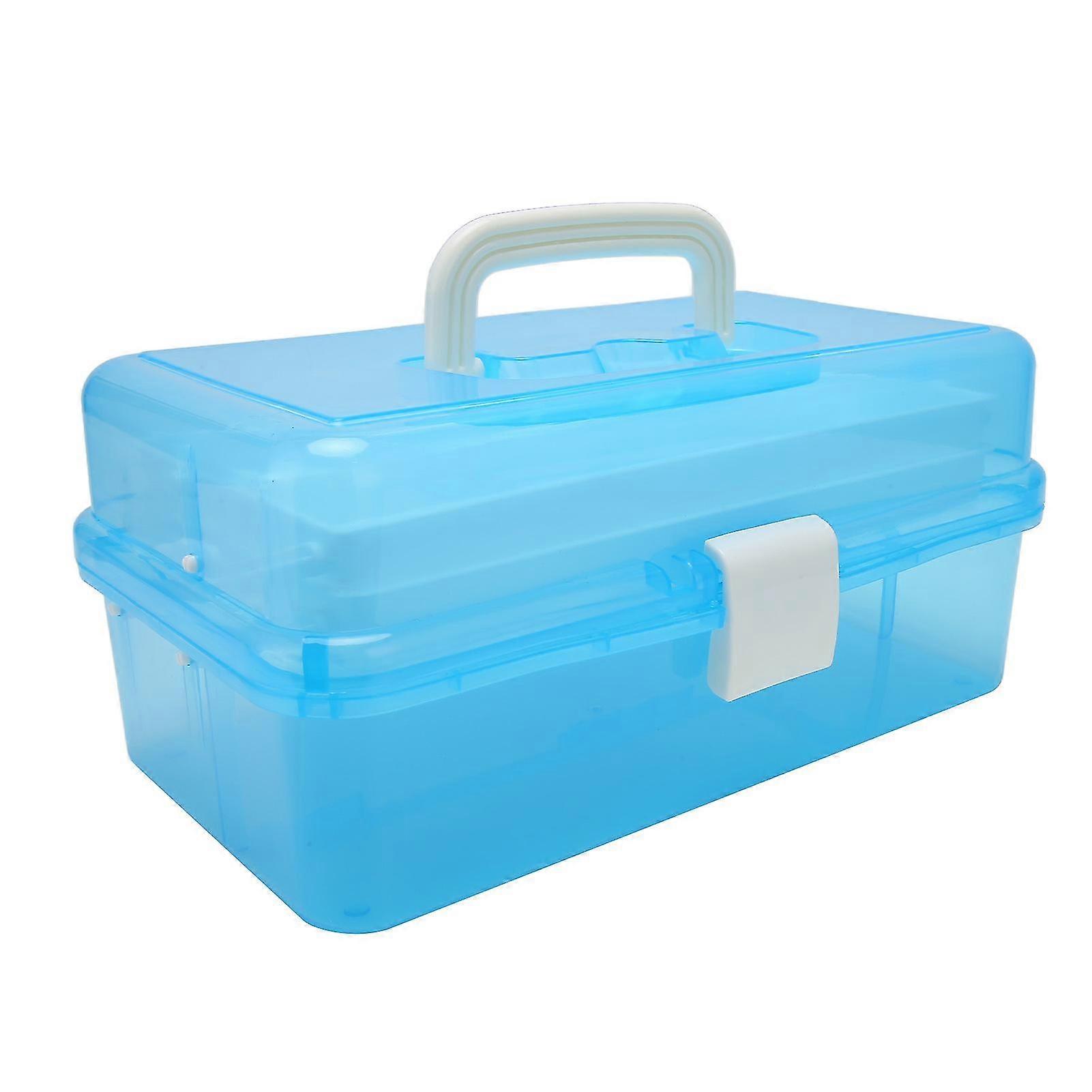 Portable 3-Layer Transparent Blue Storage Box for Art Crafts and Cosmetics
