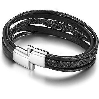 Men's Black Braided Leather Bracelet With Stainless Steel Magnetic Clasp - 8.7 Inches