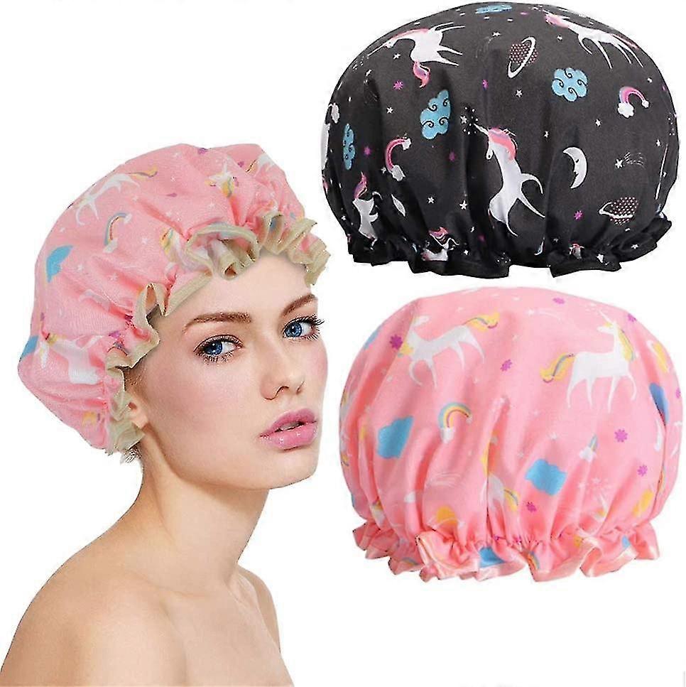 Shower Cap, 2pcs Gift Waterproof Shower Caps Reusable With Elastic