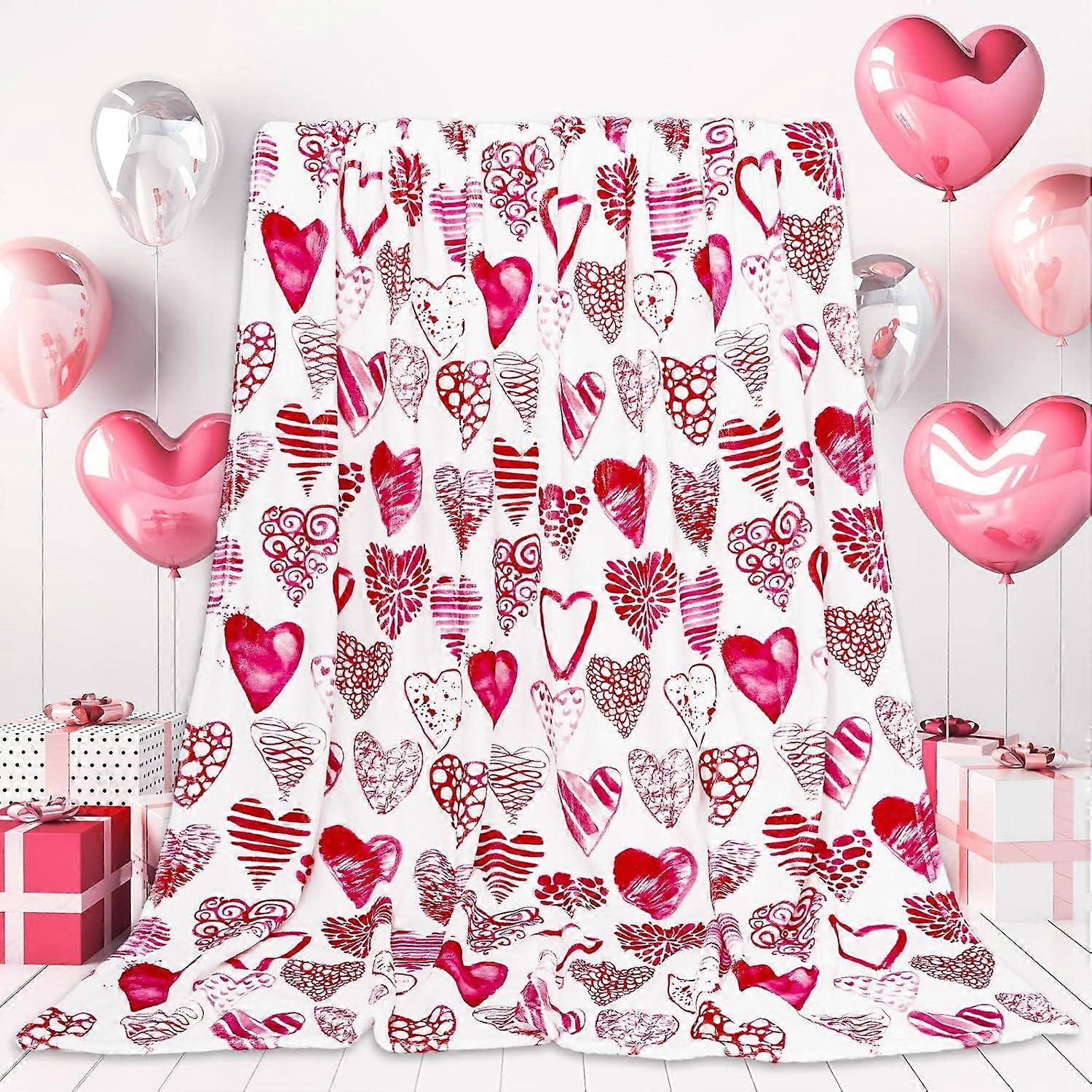 Valentine's Day Fuzzy Blanket Watercolor Love Heart Throw Blanket Pink Heart Pattern Decorative Soft Cozy Flannel Blanket for Home Bed Sofa Couch Chai