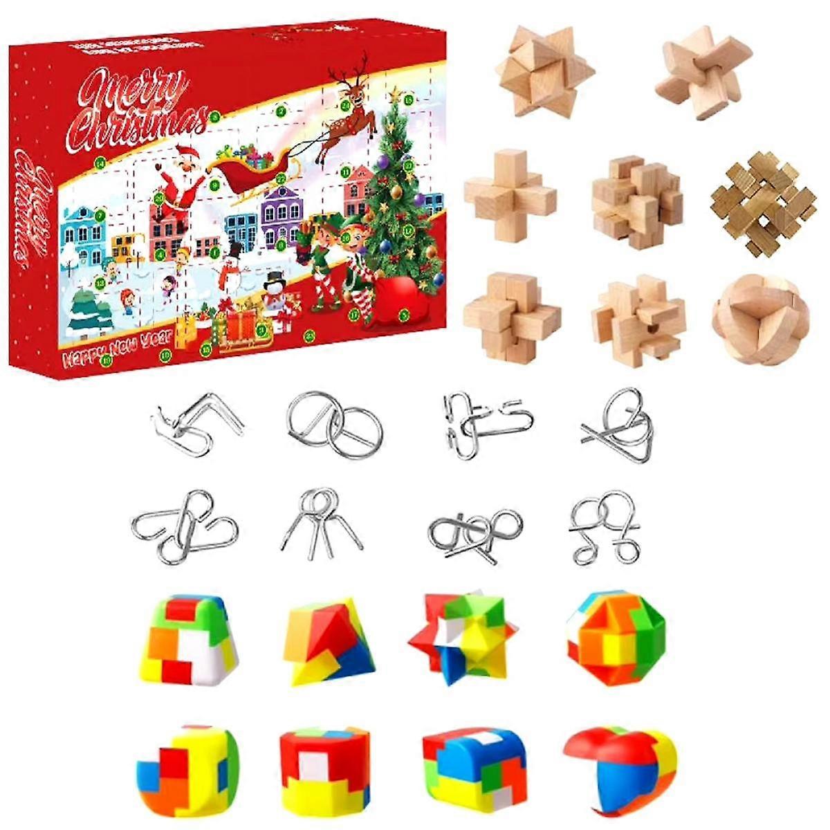 Advent Calendar 2024 with Plastic Metal and Wooden Puzzle Toys Family Brain Challenge Games Toys fo