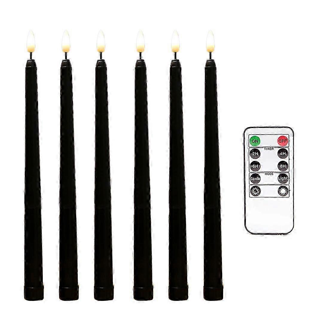 6Pcs Flameless Black Taper Candles Flickering with 10-Key Remote Timer, Battery Operated LED Candlesticks Window Candles