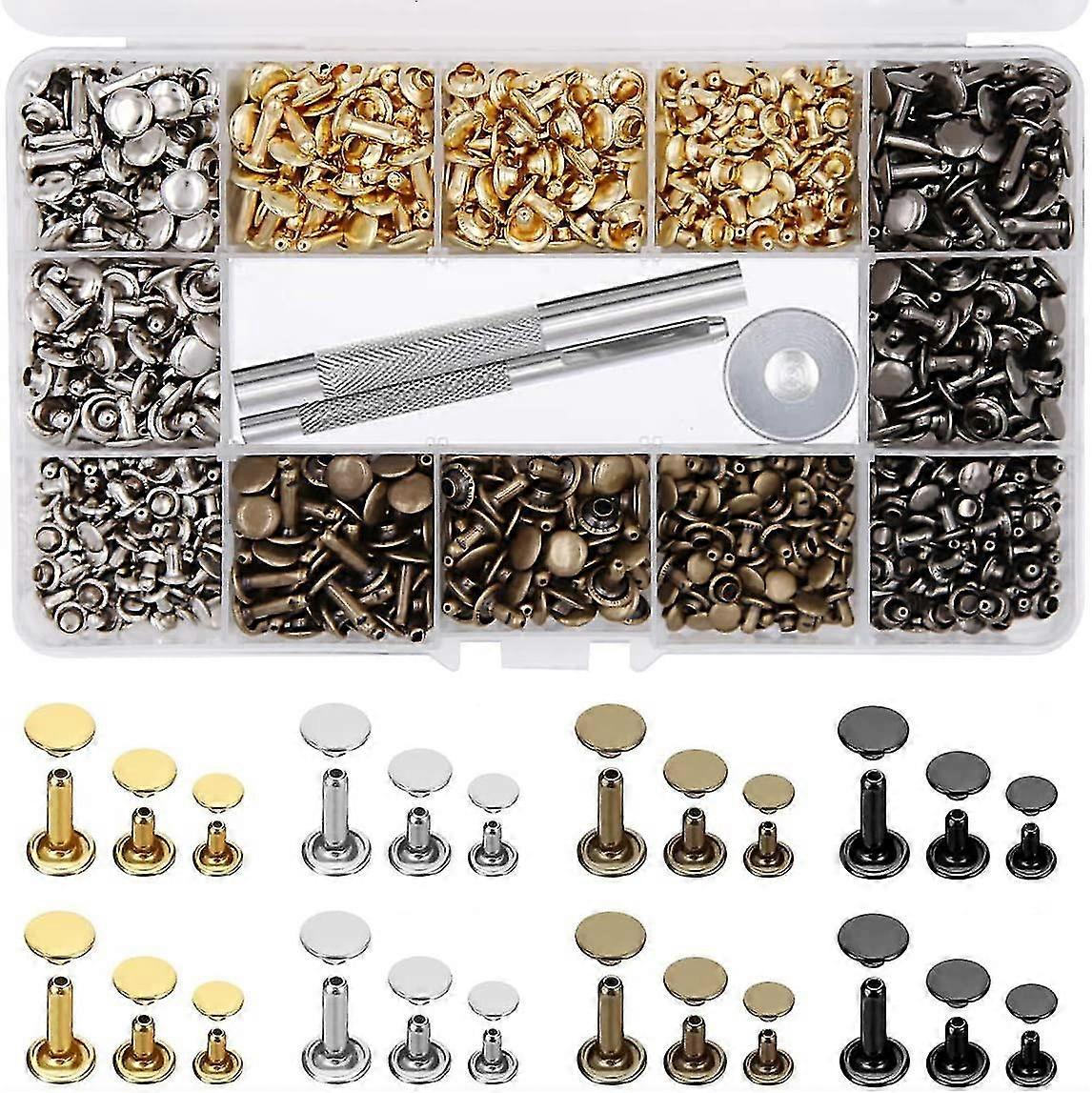 484pcs Leather Rivets Double Cap Rivets Tube Metal Rivets 3 Sizes with Punch Pliers and 3 Part Setting Tool