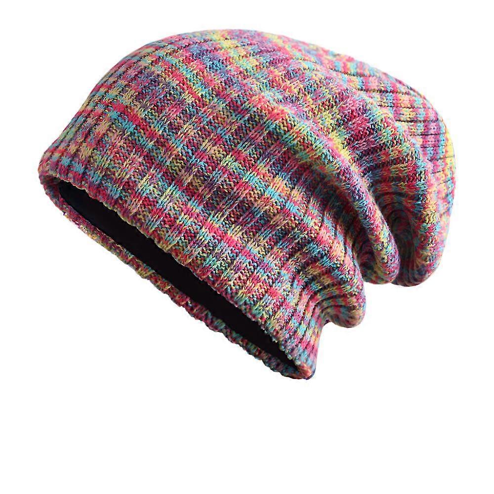 Unisex Rainbow Striped Woolen Beanie - Thick, Warm, Velvet-lined Hat