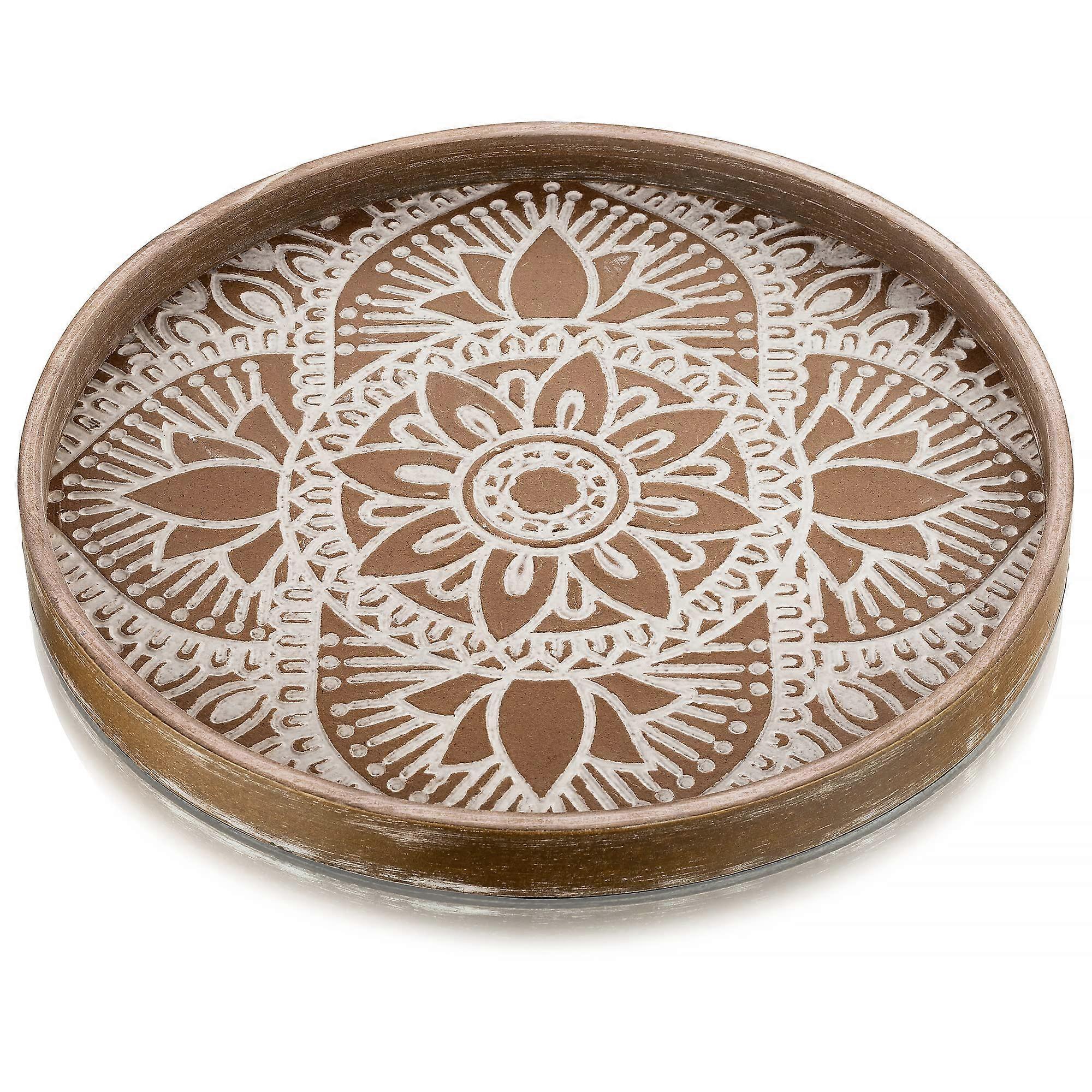 Boho round wood rustic wooden decorative tray for kitchen counter or ottoman