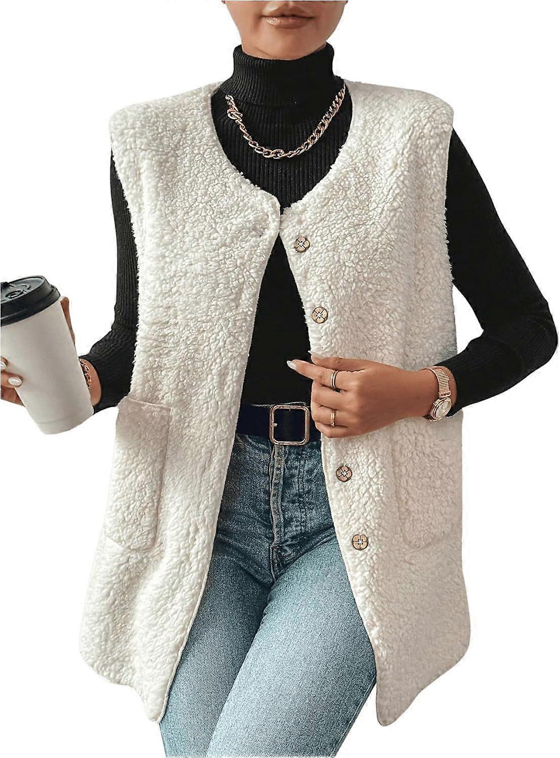 Women's Fuzzy Fleece Vest Oversized Sleeveless Sherpa Jacket Warm Button Down Gilet Outerwear with Pockets