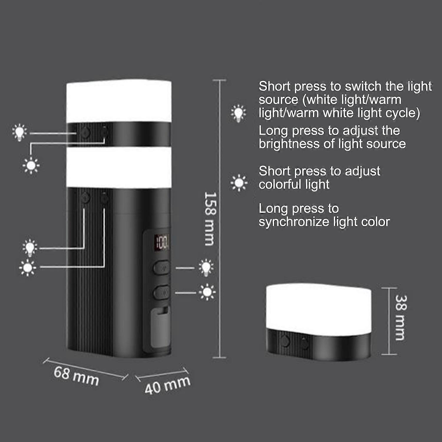 Magnetic Detachable 2-in-1 Camping Light + Emergency Charge Real-time Display Screen Colorful Atmosp