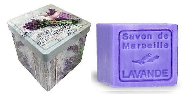 Metal soap tin square with print Brin de Lavande with soap block Lavender – Vintage stock tin –