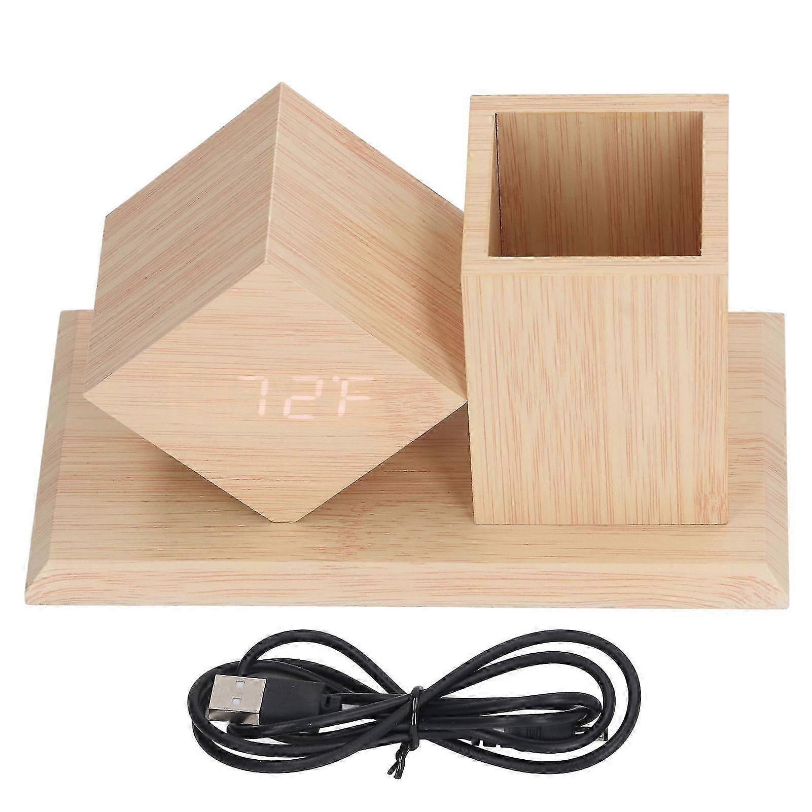 Pen Holder Clock Voice Control HD LED Display USB Battery Powered Wooden Digital Alarm Clock with Thermometer