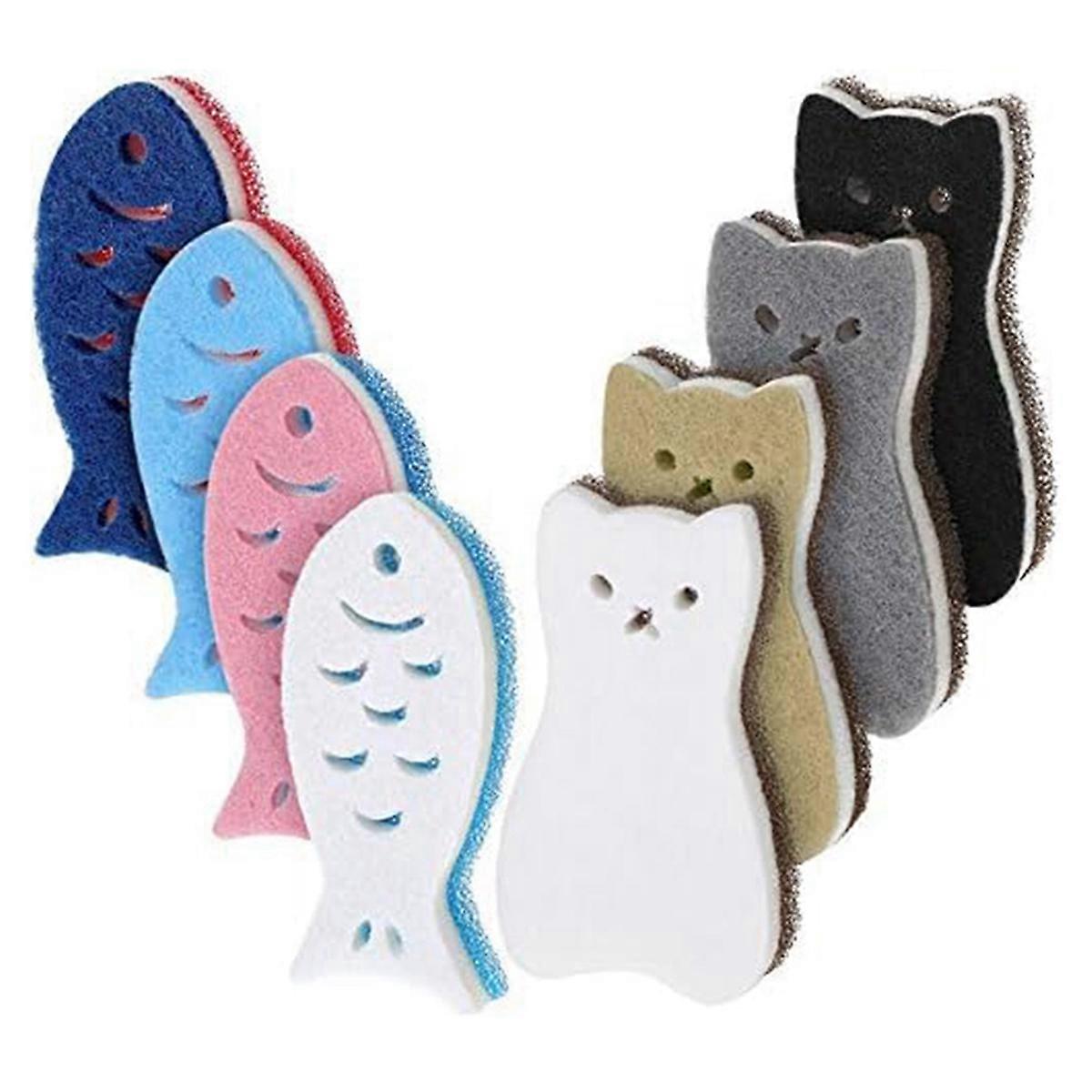 8Pc Kitchen Scrub Sponges Cats Fish Cleaning Sponge Multi-Use Sponges