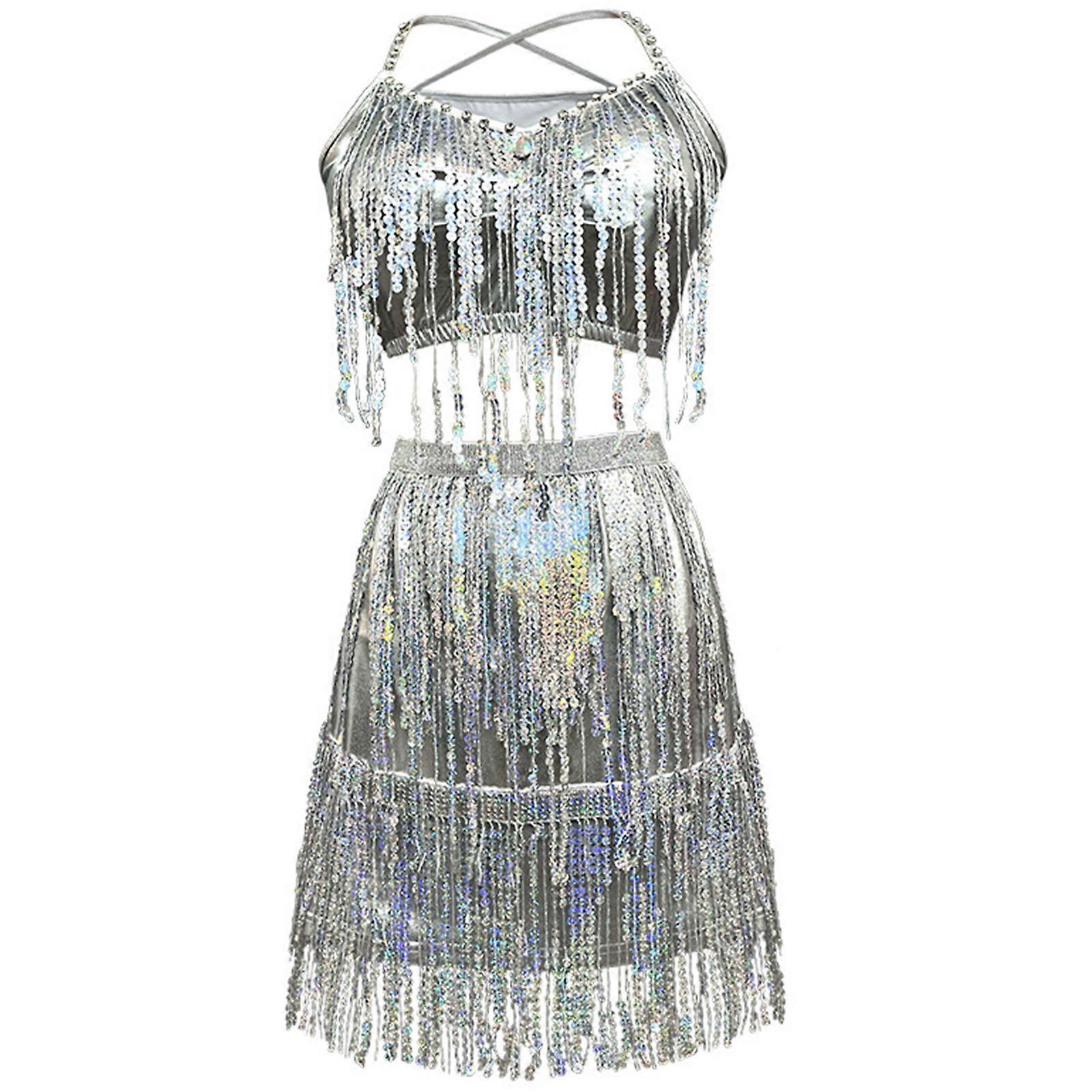 2Pcs Femmes Salsa Danse Latine Robe Sequins Glands Jupe avec Crop Top Danse Latine Tenue Set Danse de Salon Tenues Argent