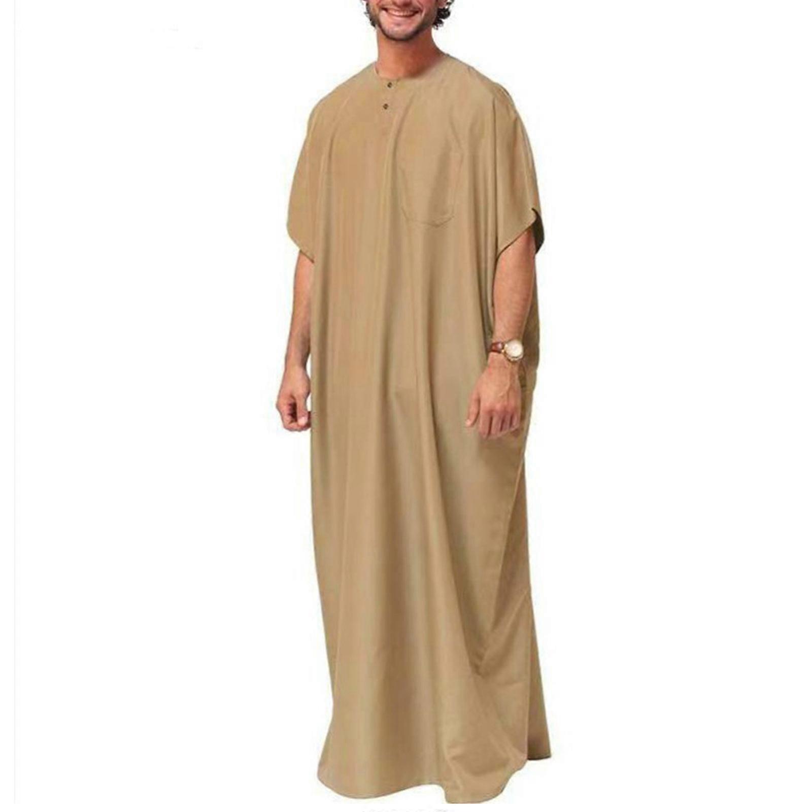 Breathable Men Jubba Thobe Middle East Muslim Kaftan for w/ Button Design Short Sleeve Men Robe Plus Size Leisure Clothi Khaki XL