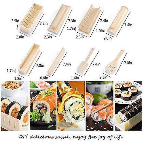 10 Pcs/Set DIY Sushi Maker Plastic Sushi Making Tool with 8 Sushi Rice Roll Mold Shapes Fork Spatula