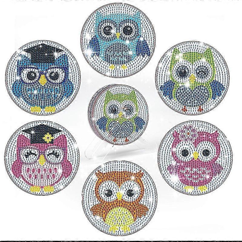 DWW 6-teiliges Cute Owl Diamond Painting Untersetzer-Set – DIY-Set mit Werkzeugen und Halter; Entzückendes und lustiges Bastelprojekt.