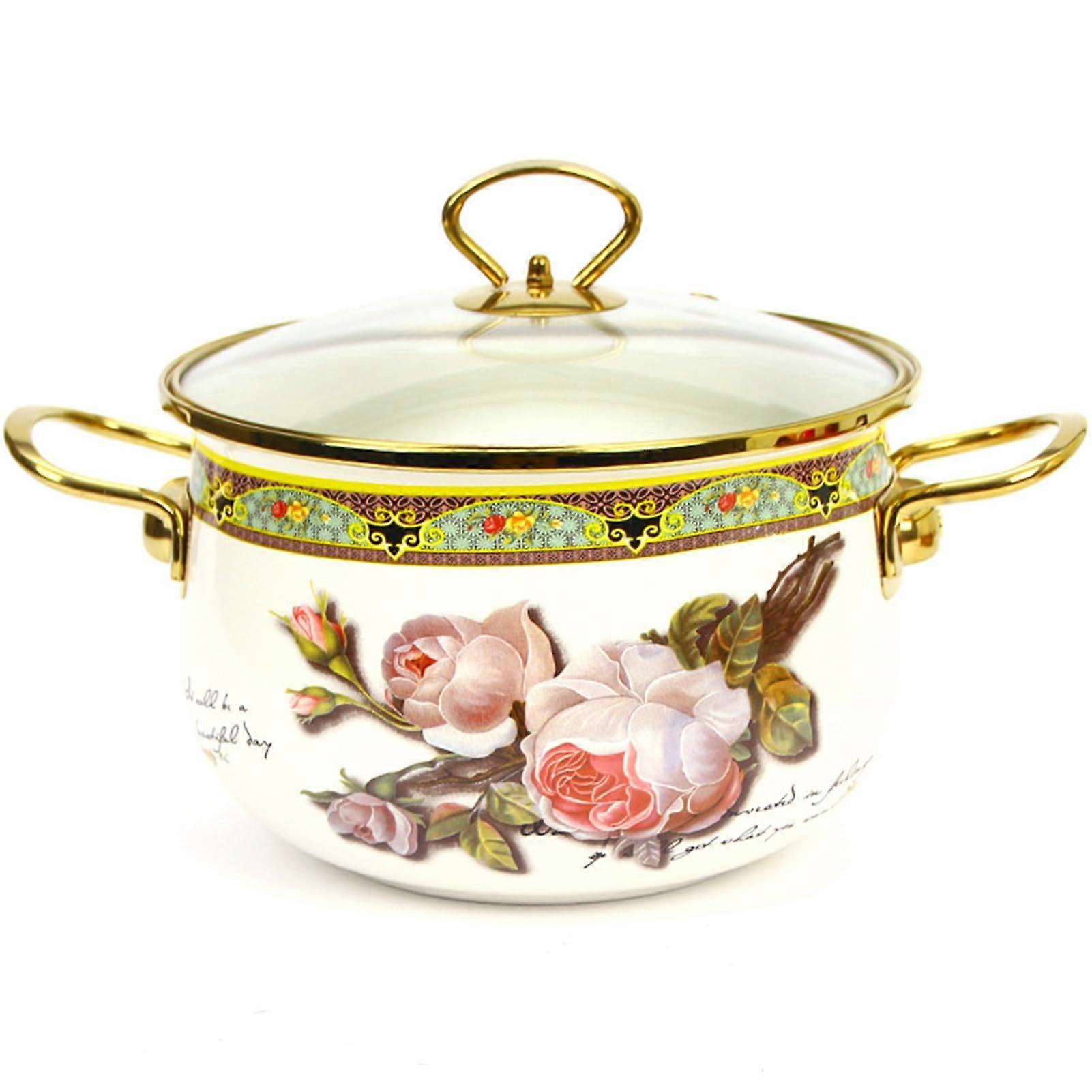 Enamel Stockpot with Glass Lid, Nonstick Saucepan Pot with Handle, Vintage Floral, Safe for Induction