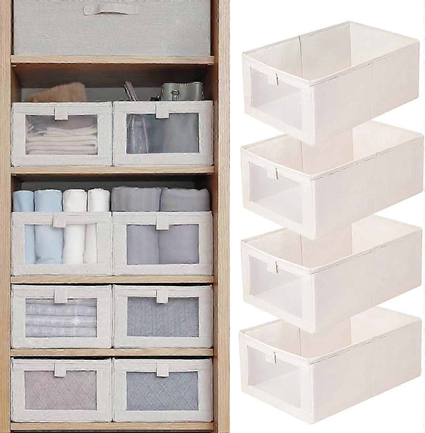 Foldable Linen Closet Storage Bins, 4 Pack, with Clear Window