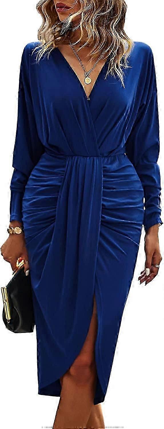 Abito midi aderente con arricciatura e maniche lunghe, scollo a V, orlo diviso, drappeggiato sul davanti, da donna