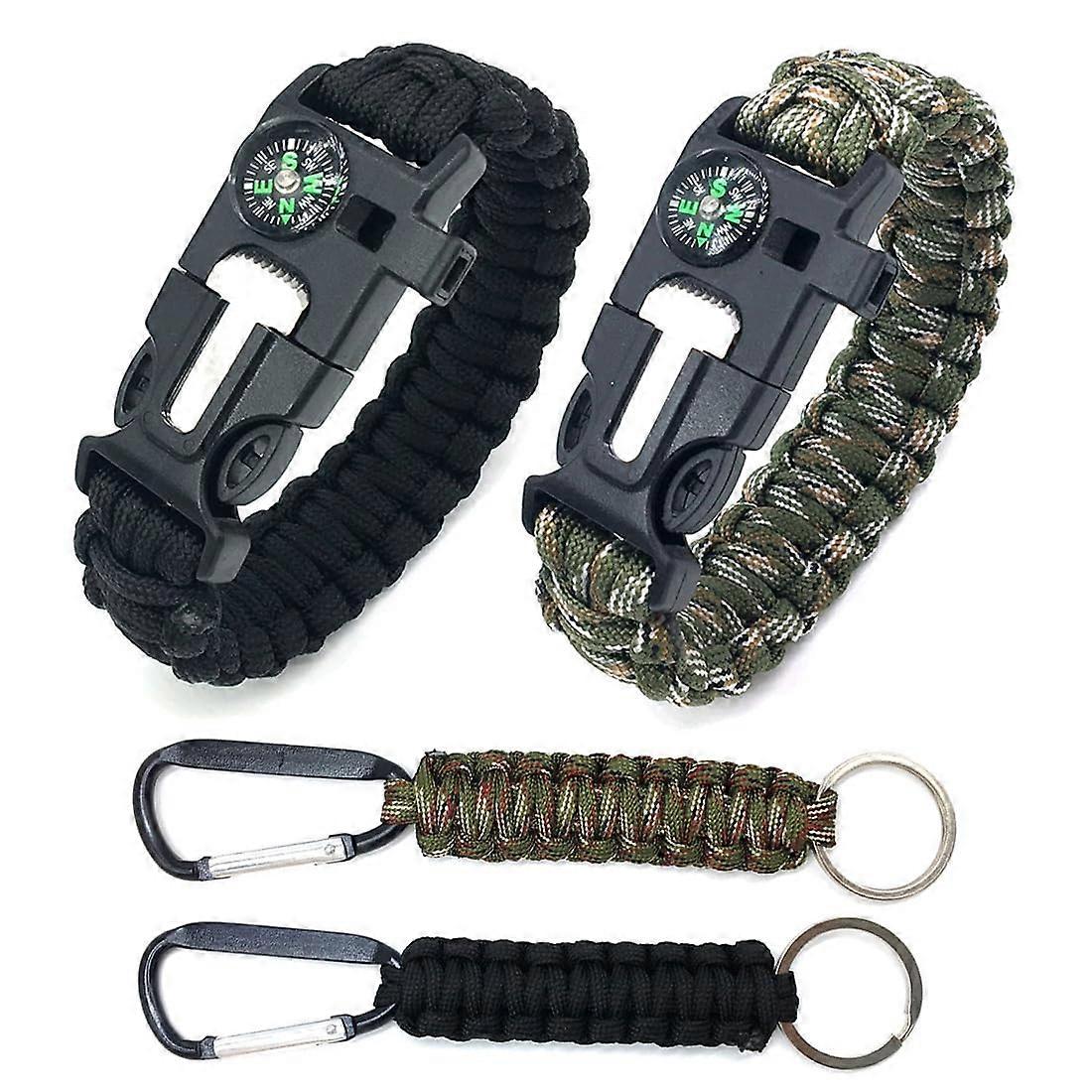 2 pieces survival bracelet with whistle, flint and compass, paracord multifunctional bracelet for outdoor activities with 2 paracord bracelets