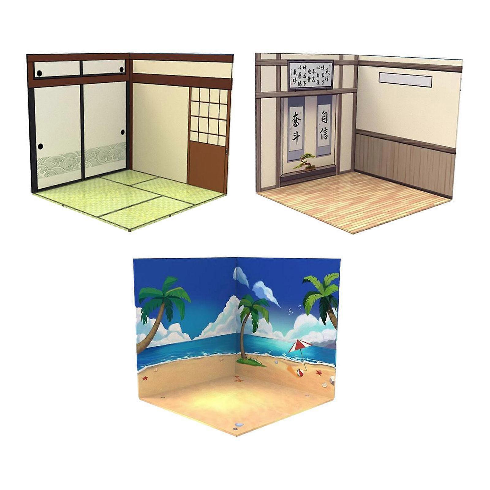 3x 1/12 Scale Action Figures Backdrop Dolls Vehicle Scene Toy Model Scenes