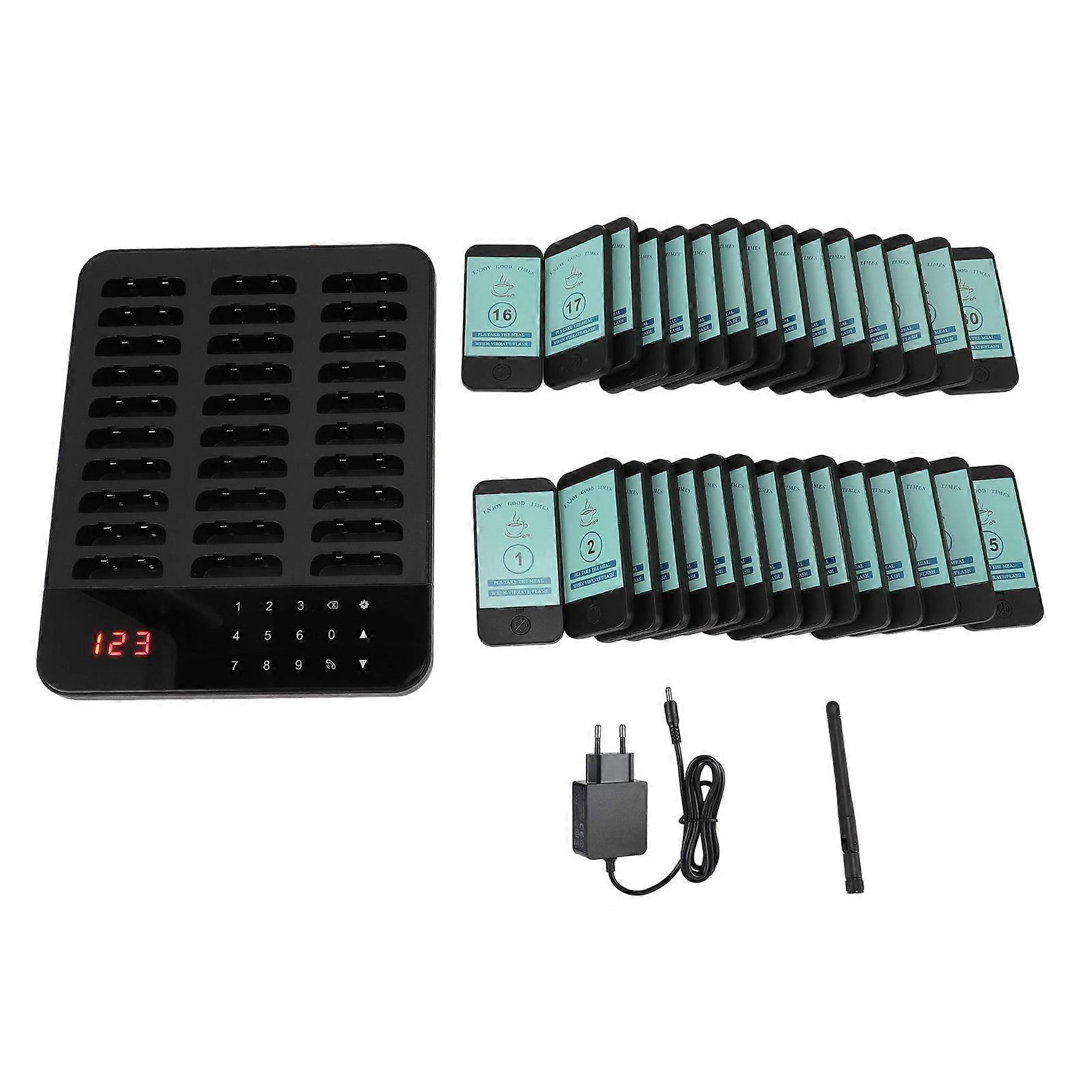 1 to 30 Wireless Calling System Vibration Buzzer Flash Guest Waiting Pager for Restaurant 500M Distance 1‑999s Setting EU Plug