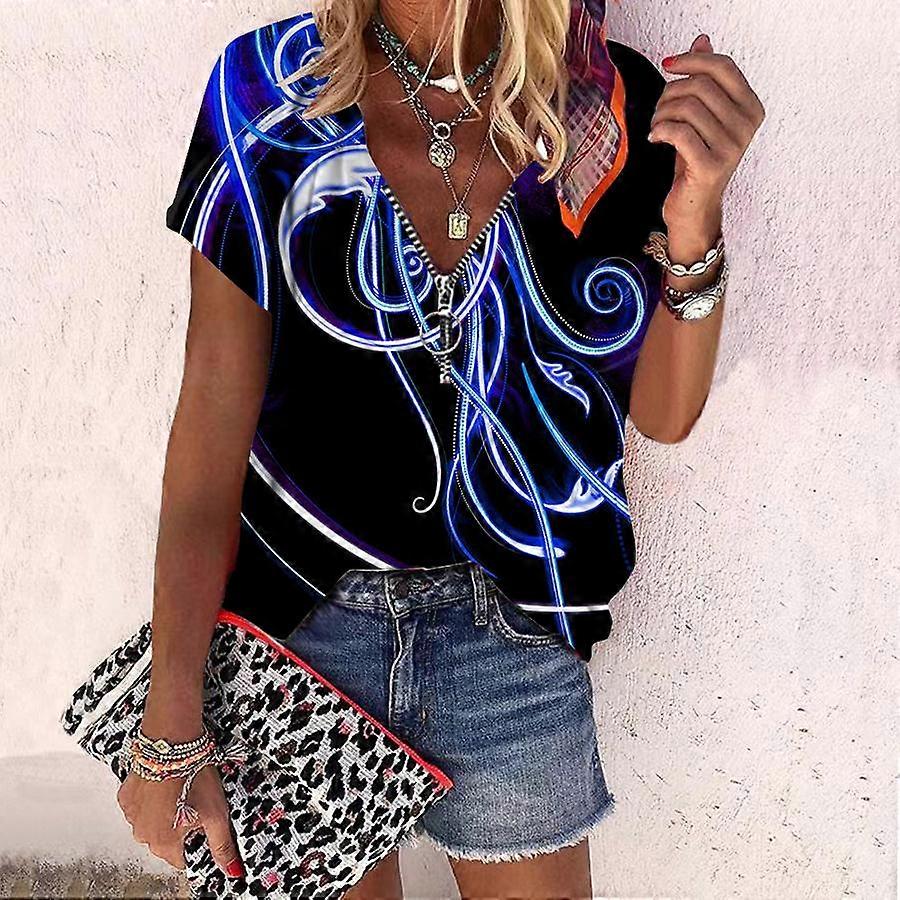 Top pentru femei Vară Modă nouă Trandafir Floare Albastru Lumină Imprimat Casual Fermoar Decolteu în V Manșon scurt Top