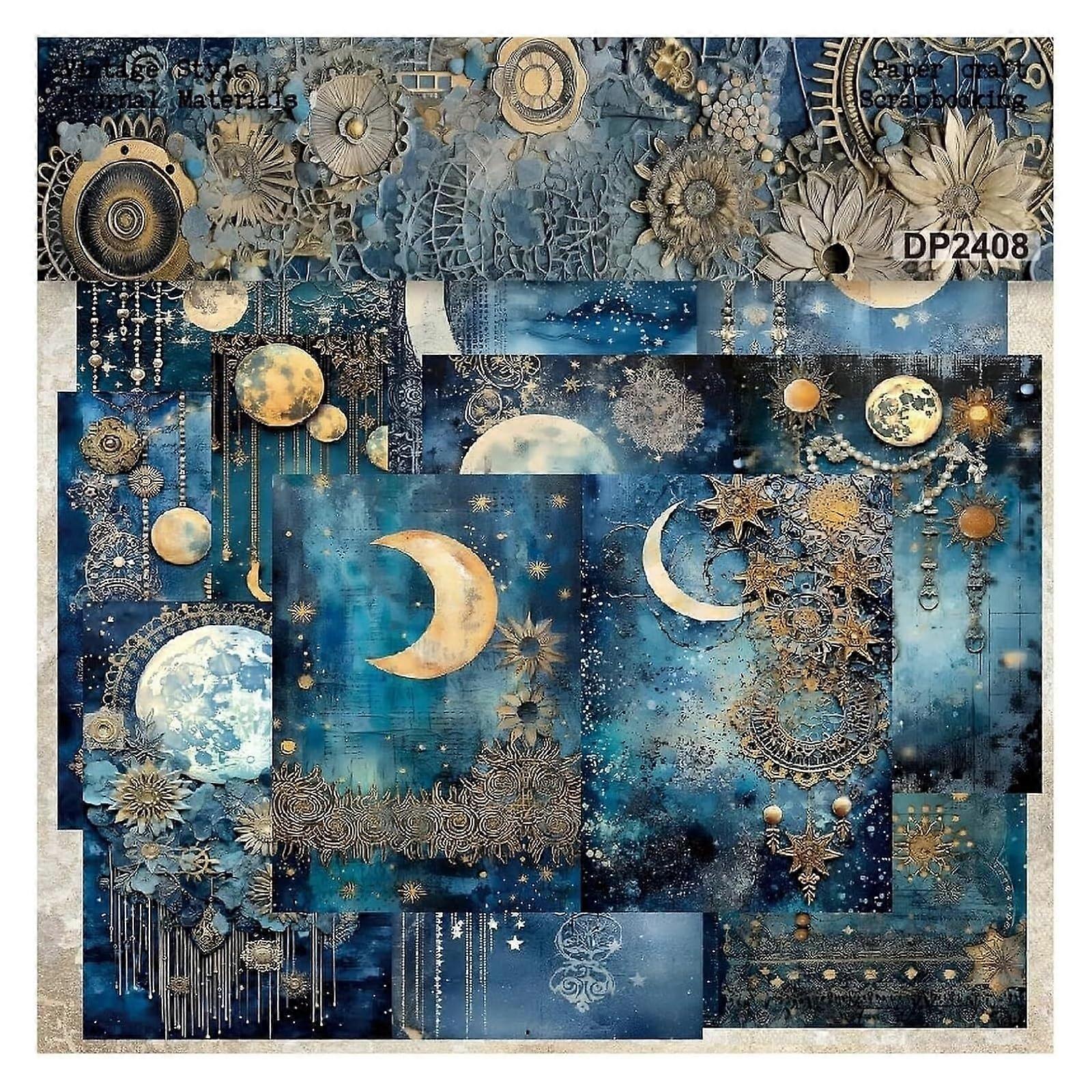 Scrapbook Paper Pad with Floral and Moon Designs, 24 Single-Sided Sheets for DIY Albums, Blue