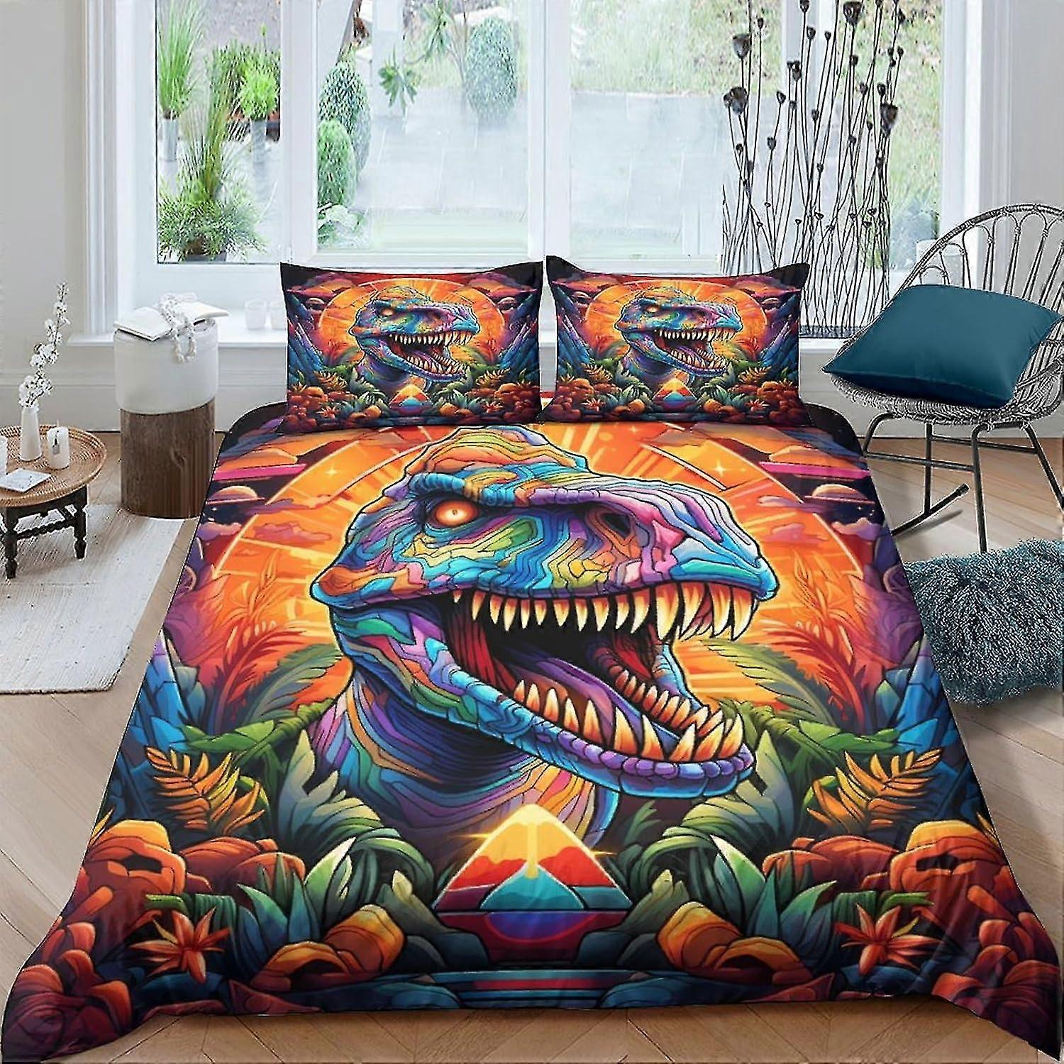 Dinosaur World Duvet Cover Set �C 3D Microfiber Polyester Reptile Comforter Cover with Pillow Shams, 3 Piece Set, Zipper Quilt Cover