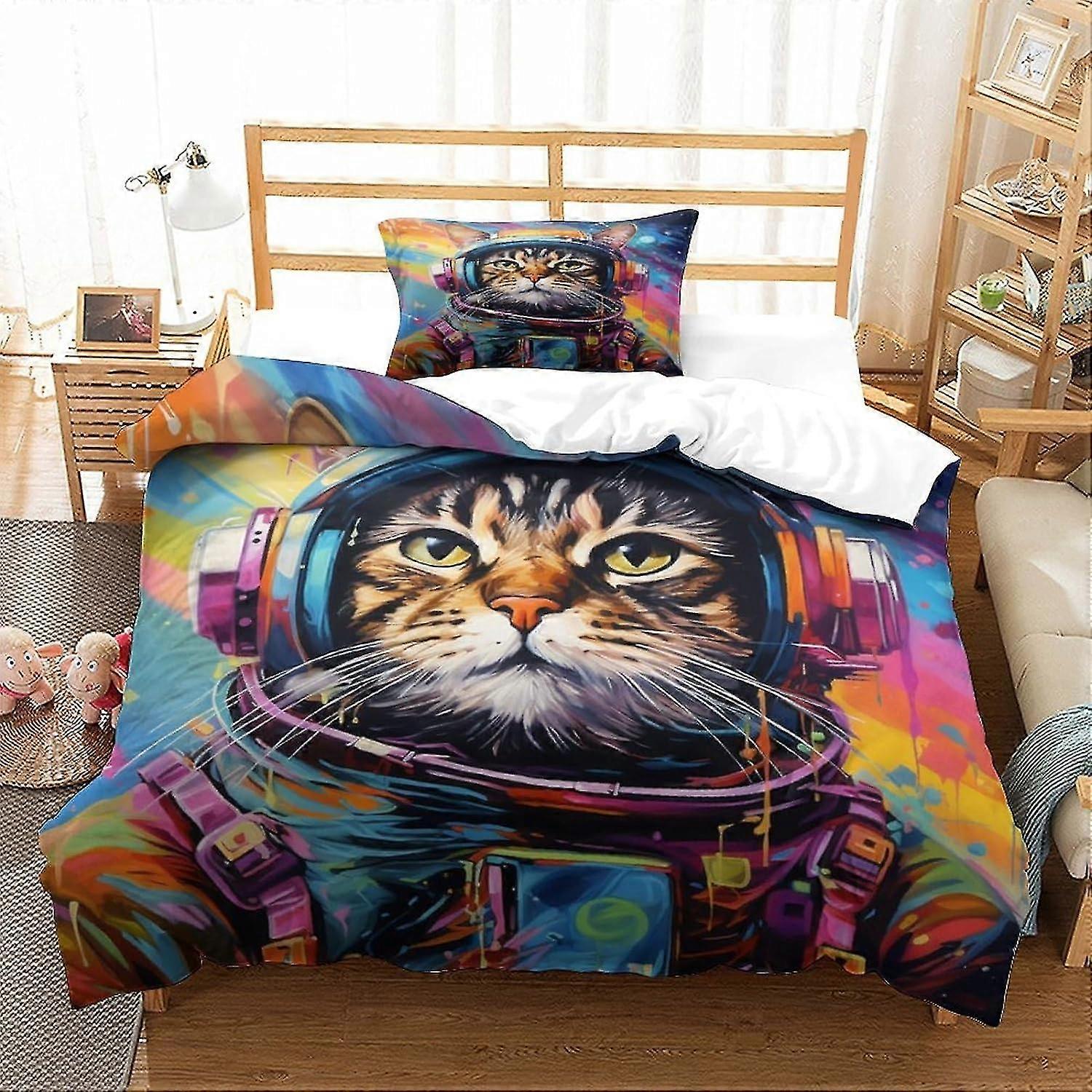 3D Space Cat Poszwa na kołdrę Pościel Kotek Nadruk Poszwa na kołdrę z poszewką na poduszkę Prezenty na Dzień Ojca Pojedynczy