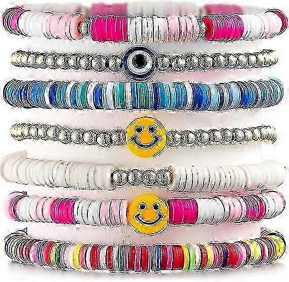 7pcs Colorful Stackable Bracelets with Happy Smile and Evil Eye Charms Stretch Y2k Handmade