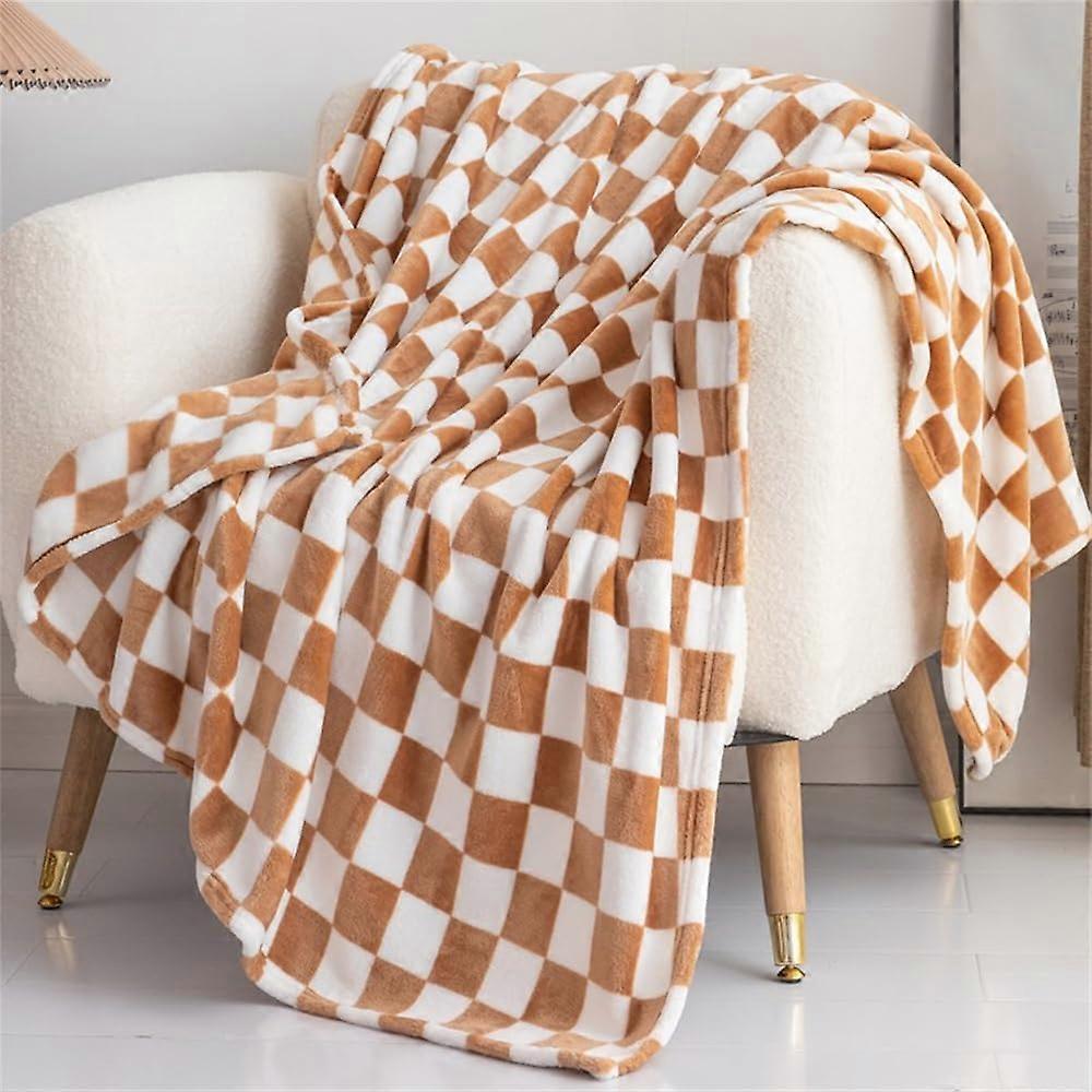 Cuddly Blanket, Flannel Blanket, Chessboard Soft Warm Fluffy (70 x 100 cm, Khaki)