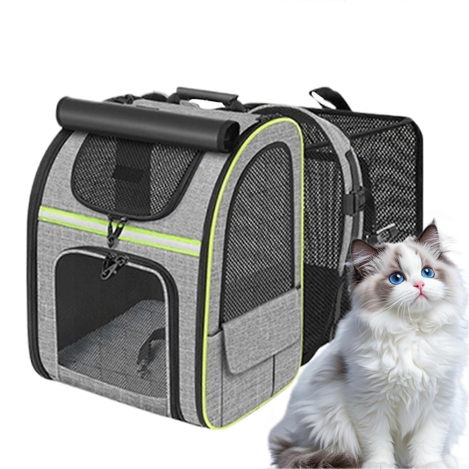 Expandable Cat Backpack Carrier, Breathable Foldable Travel Bag for Cats, Grey with Green Trim, Ideal for Hiking, Biking, and Car Trips