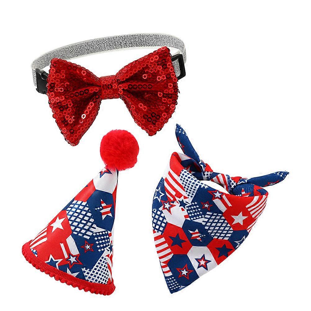 Adjustable Triangle Dog Bandanas Hat Bow Set For Parties And Celebrations American Flag Colors Pet Supplies 3Pcs