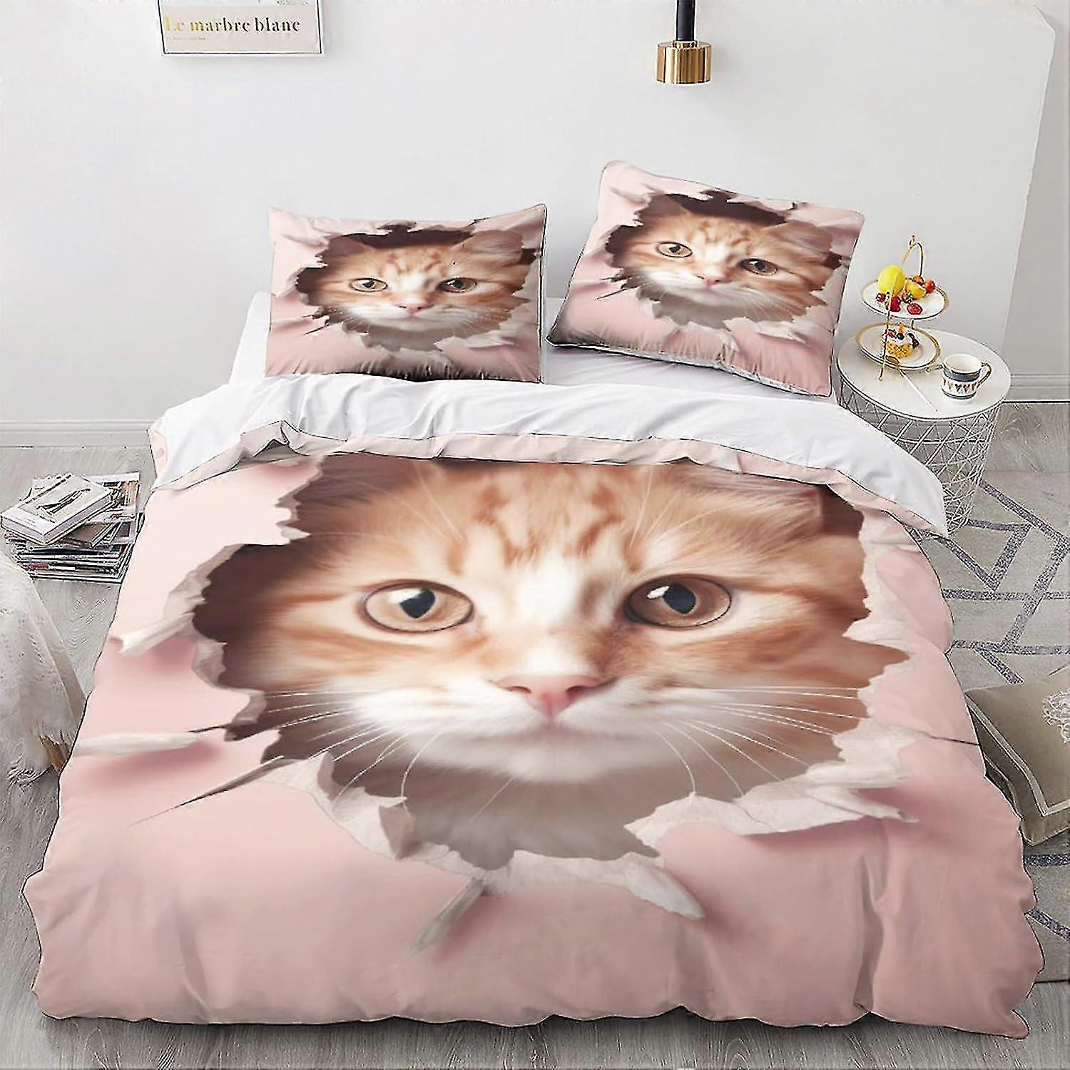 Cute Kitty Animal Duvet Cover Set with Soft Zipper and Pillowcase for Double Bed