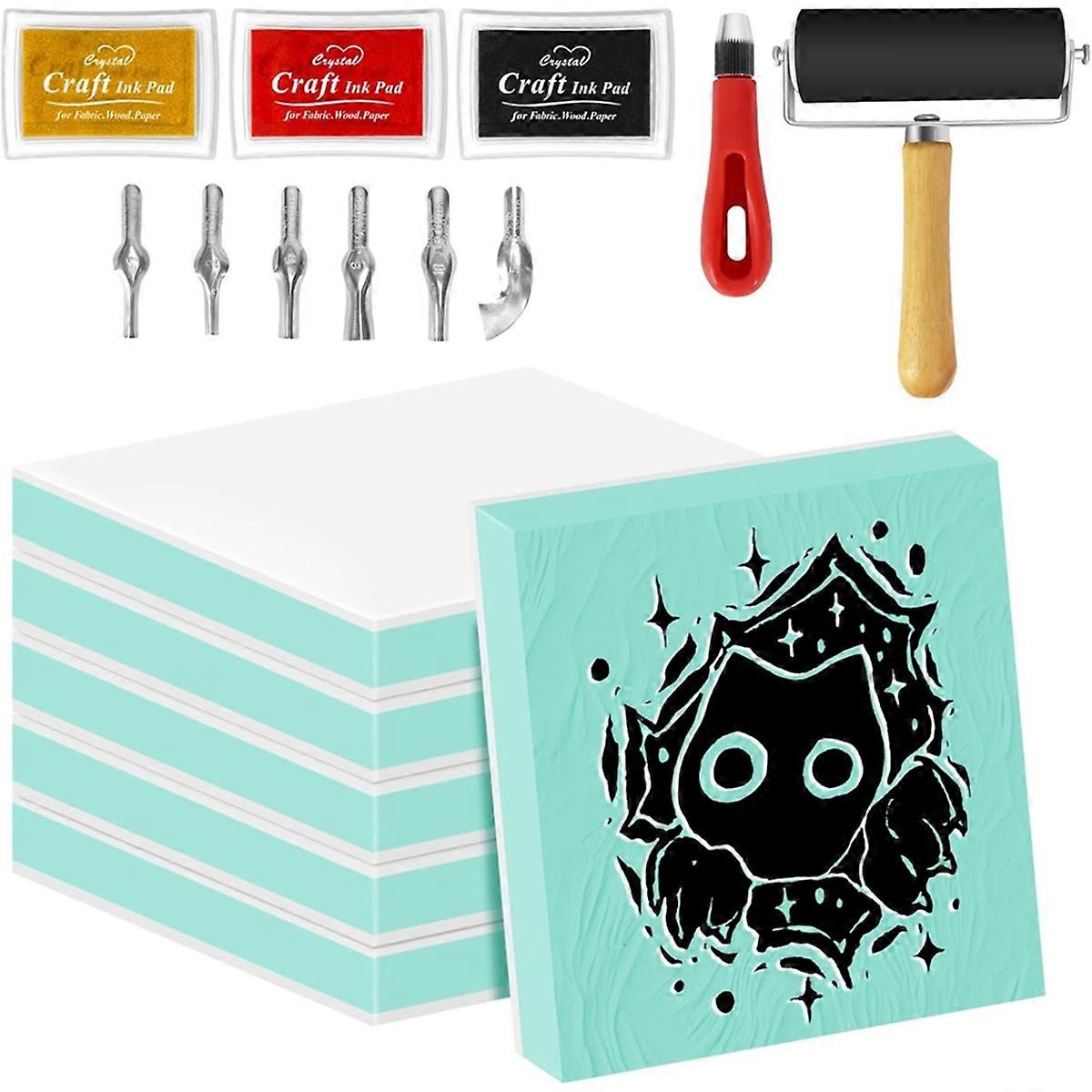 6pcs 2inch X 2inch Rubber Carving Blocks, Linoleum Block Stamp Making Kit for DIY Stamp Making for