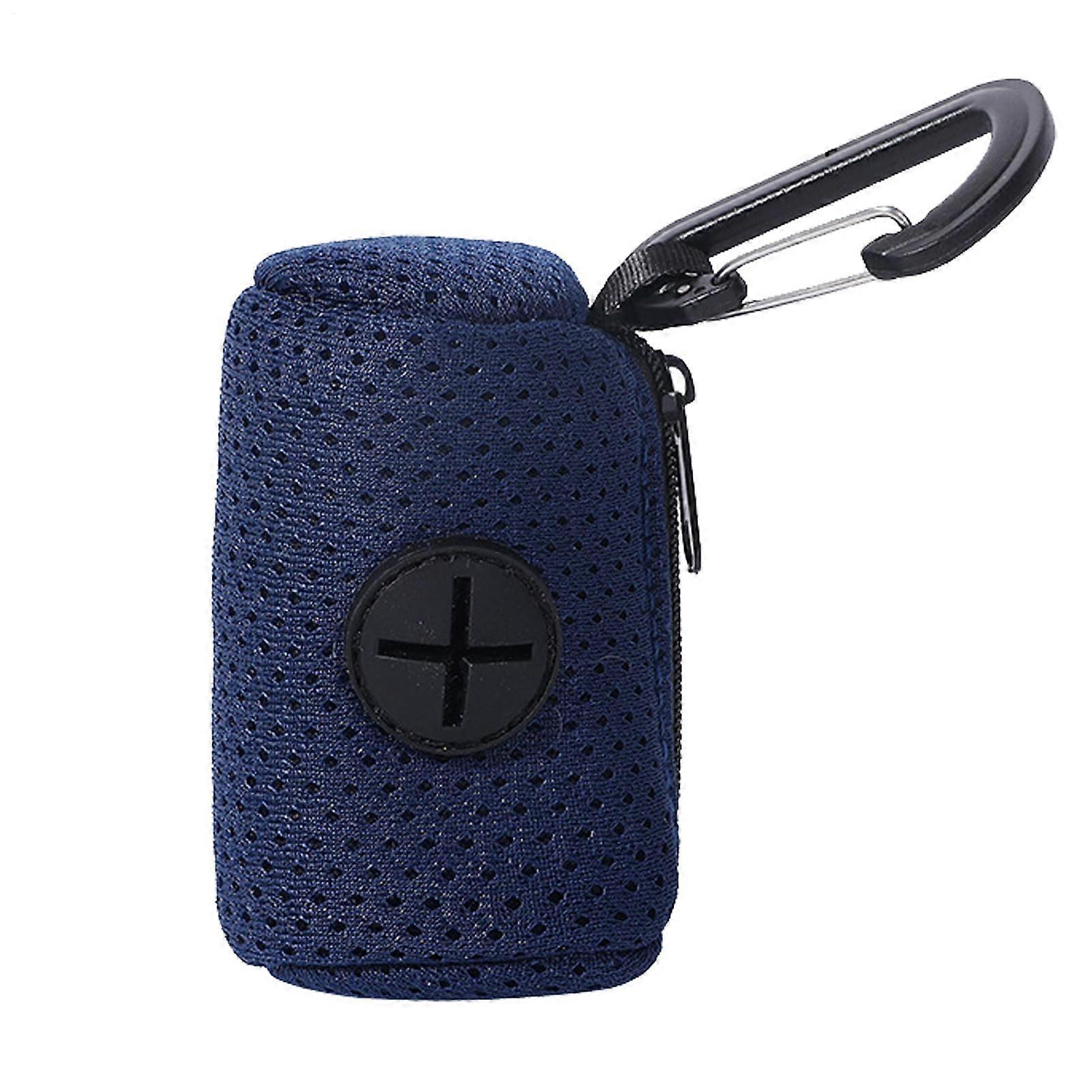 Dog poop bag dispenser, leash attachment, zippered pouch, large capacity, navy blue.