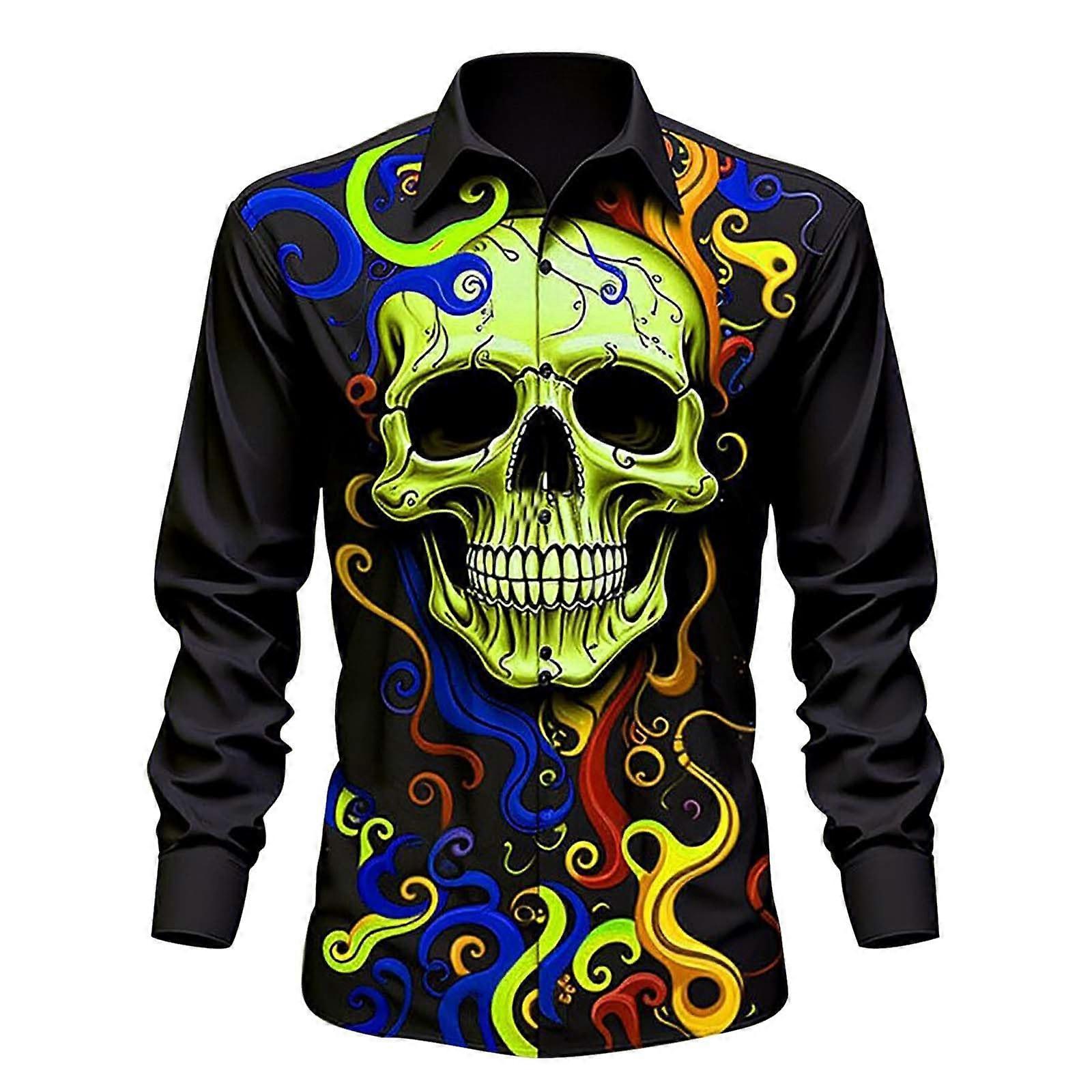 Men's Long-Sleeved Shirt With Skull Print 3D Skeleton Rib Cage Design Turn-Down Collar Hidden Button-Down Gelb XL