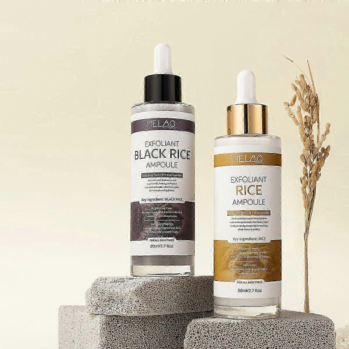 Black & White Rice Exfoliating Ampoule Duo - Gentle Face & Body Peel with Hyaluronic Acid & Niacinamide for Brightening & Pore Minimizing