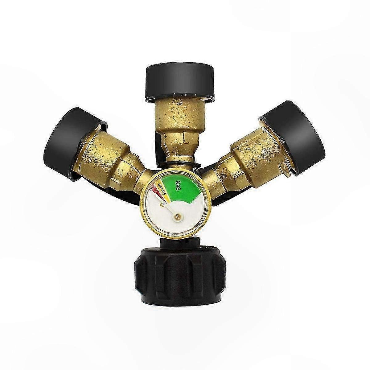 Propane Gas Splitter with Gauge, Shut-Off Valve, and 3-Way Y Connector for LP Tanks