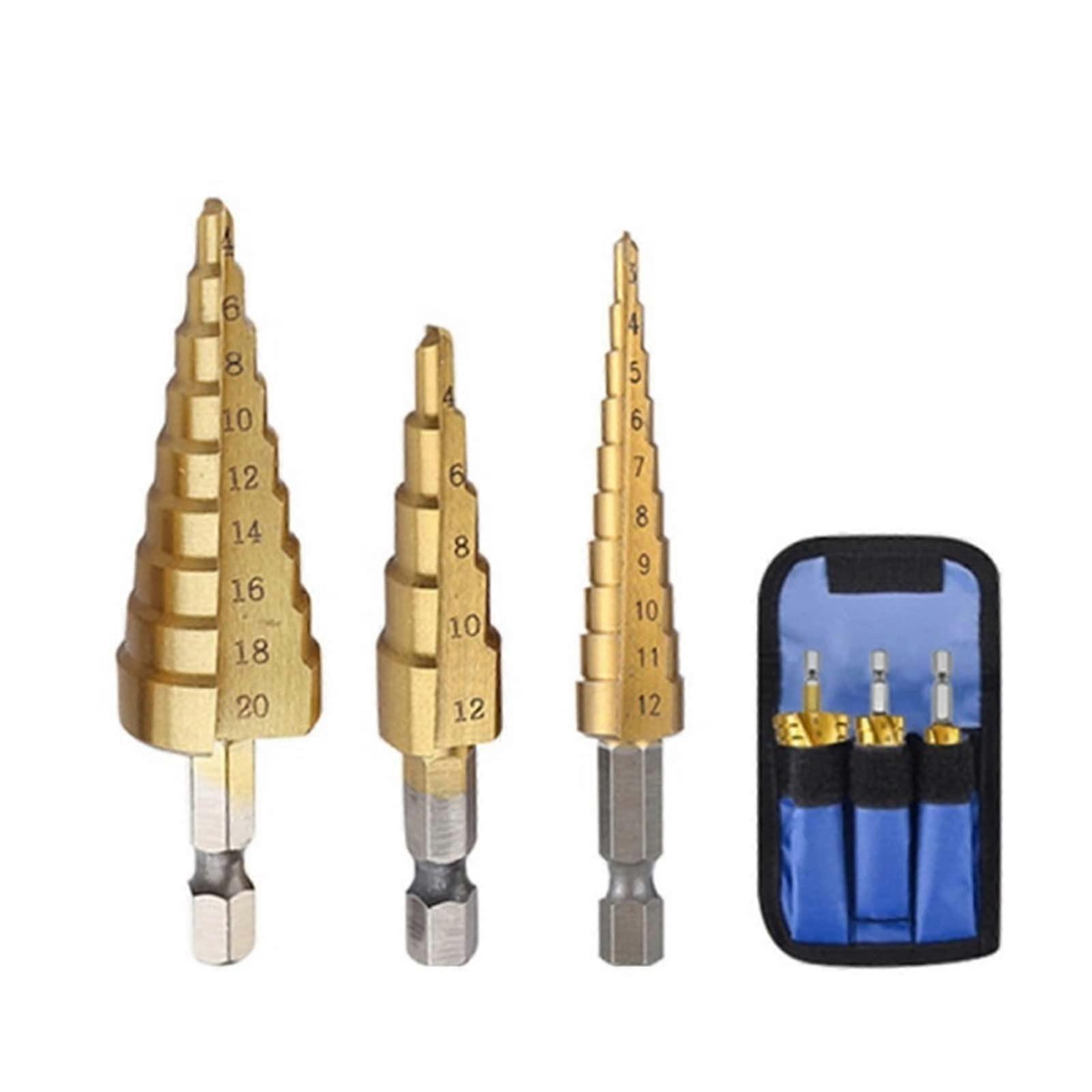 4-12mm 4-20mm Straight Spiral Flute Step Drill Bit Set, Coated for Wood and Metal, Hexagonal Shank, 3 Pieces