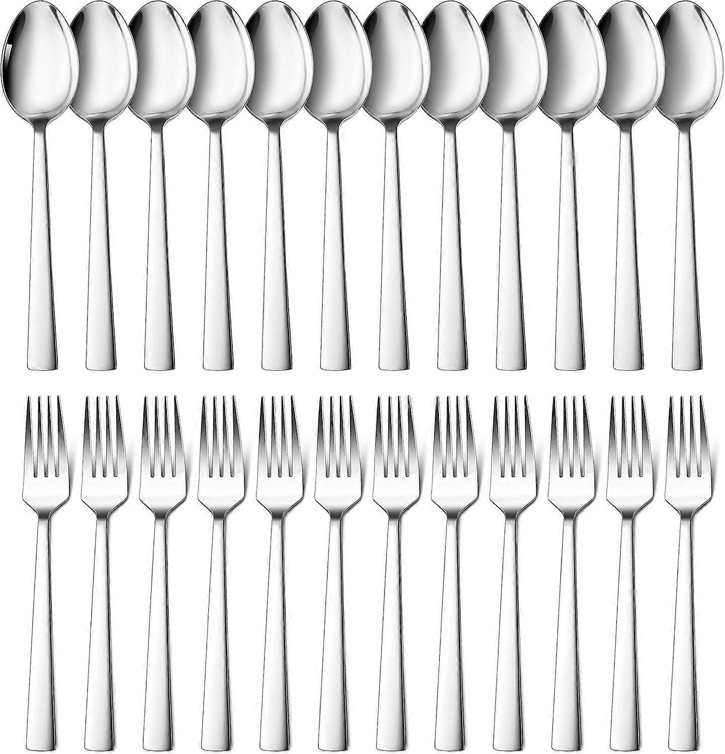 24Piece Spoons and forks Set,  Stainless Steel Square 12 Dinner Forks and 12