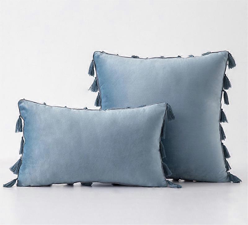 Pack Of 2 Velvet Soft Solid Decorative Throw Pillows With Tassels Fringe Boho Accent Cushion For Couch Sofa Bed, Water Blue