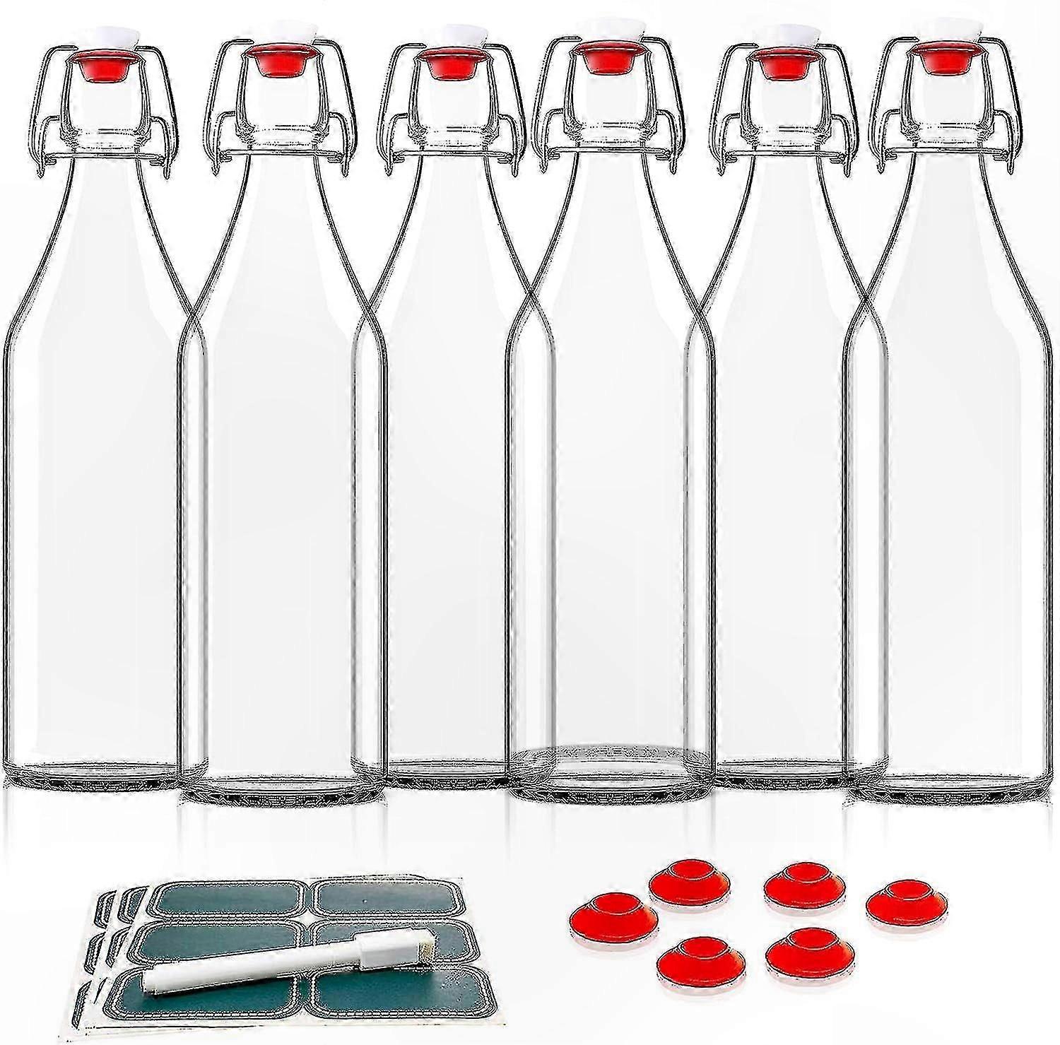 Clear Glass Swing Top Bottles, 6 Pack 16oz with Marker & Labels, Ideal for Storing Juice, Water, Kombucha, Wine, and Beer