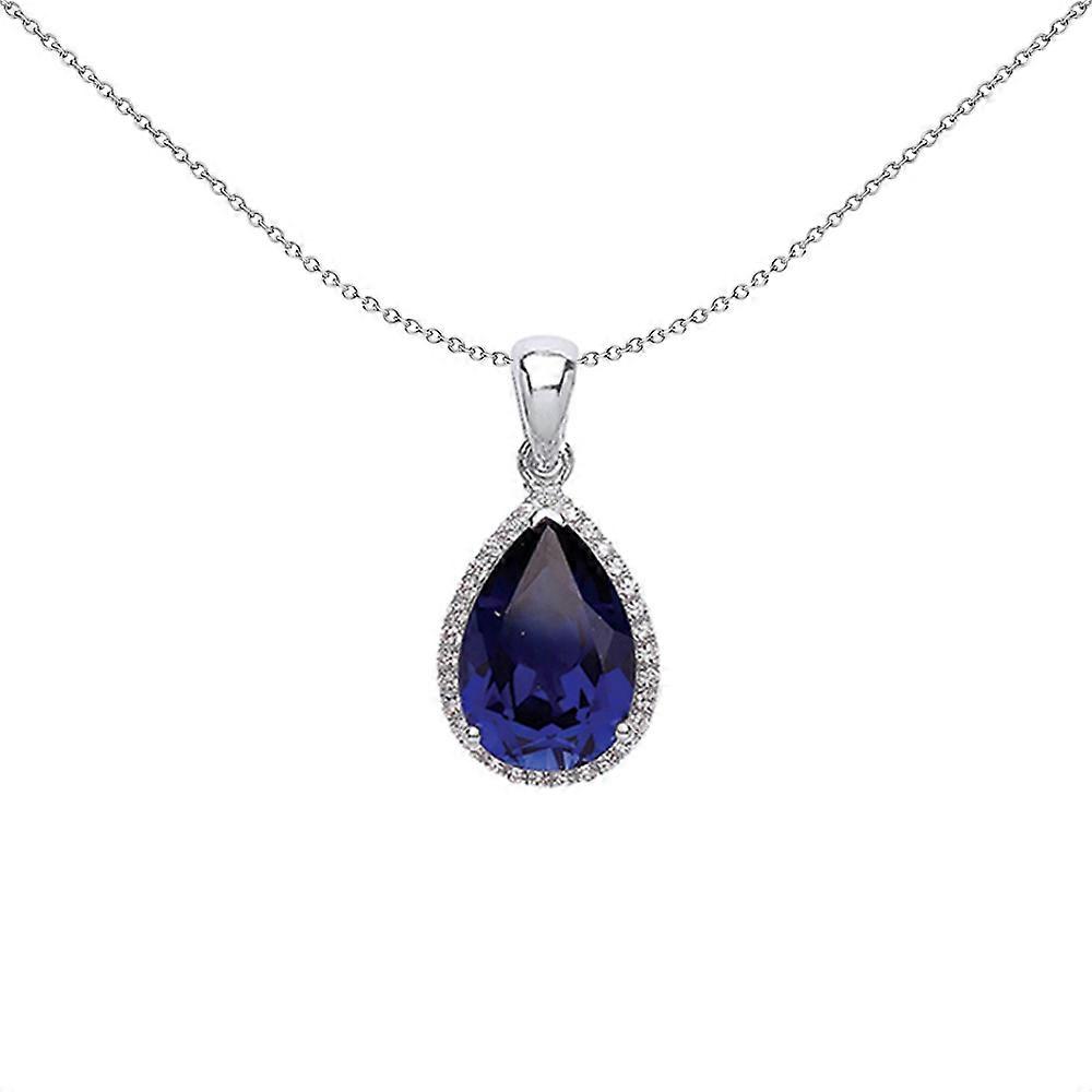 Jewelco London Ladies Sterling Silver Sapphire-Blue Pear Cubic Zirconia Halo Tears of Joy Pendant Necklace 18 inch