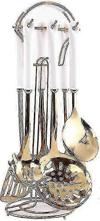 طقم أدوات المطبخ من الستانلس ستيل سبع قطع (الذهب الأبيض).أدوات الطبخ 7 قطع طقم مع رف معلق .include ملعقة مشقوقة ، ملعقة مشقوقة ، كبيرة