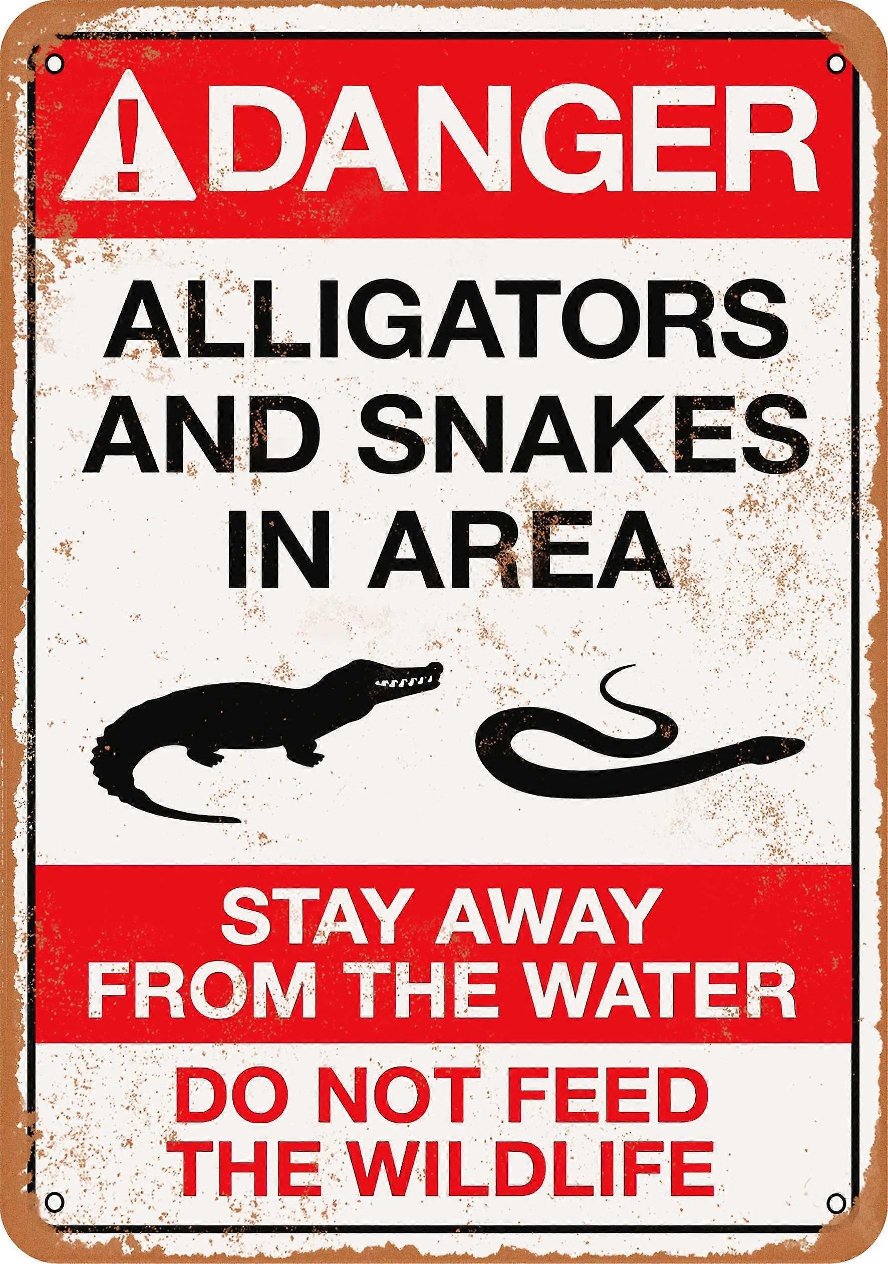 Placa de Metal em Alumínio - Perigo Jacarés e Cobras - Look Vintage Tamanho: 8 x 12 polegadas