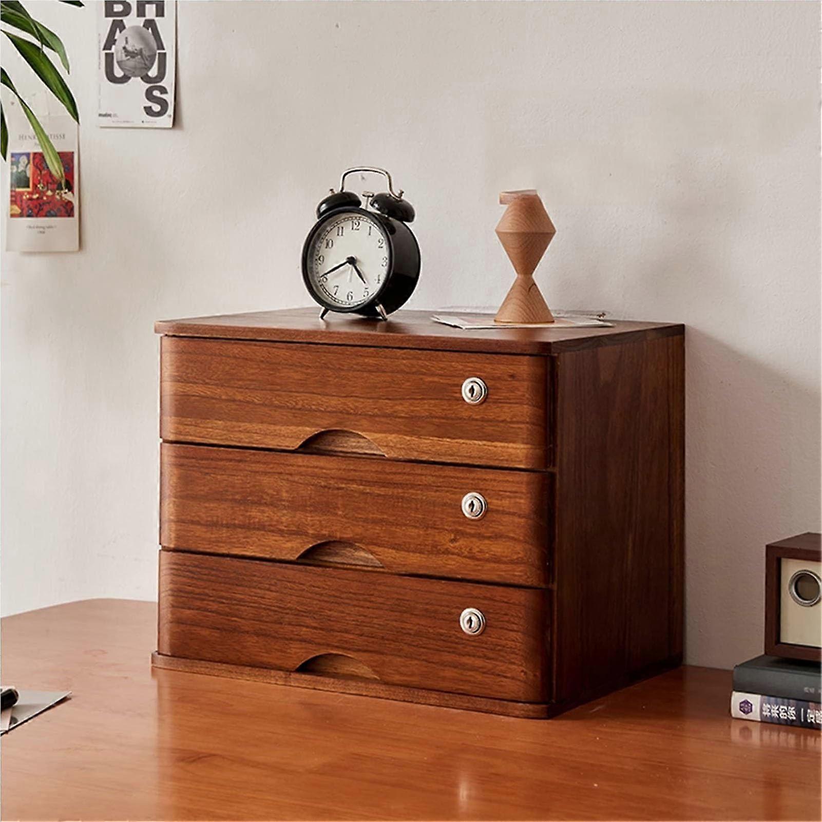 Lockable 3Layer Solid Wood DFile Cabinet With Drawers Home Office File Storage Wooden Document Cabinet