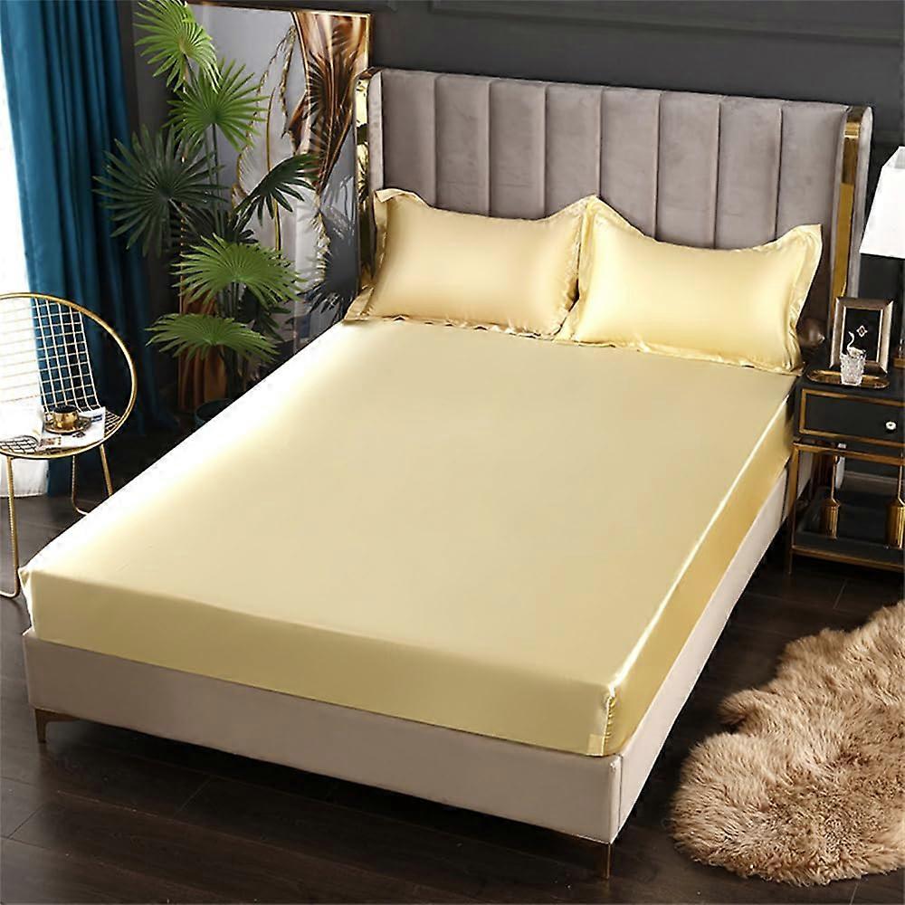 Fitted Sheet Silk Satin, Extra Deep Pocket, Breathable Soft, Single Double King, Gold 120x200x25cm With 2 Pillow Cases