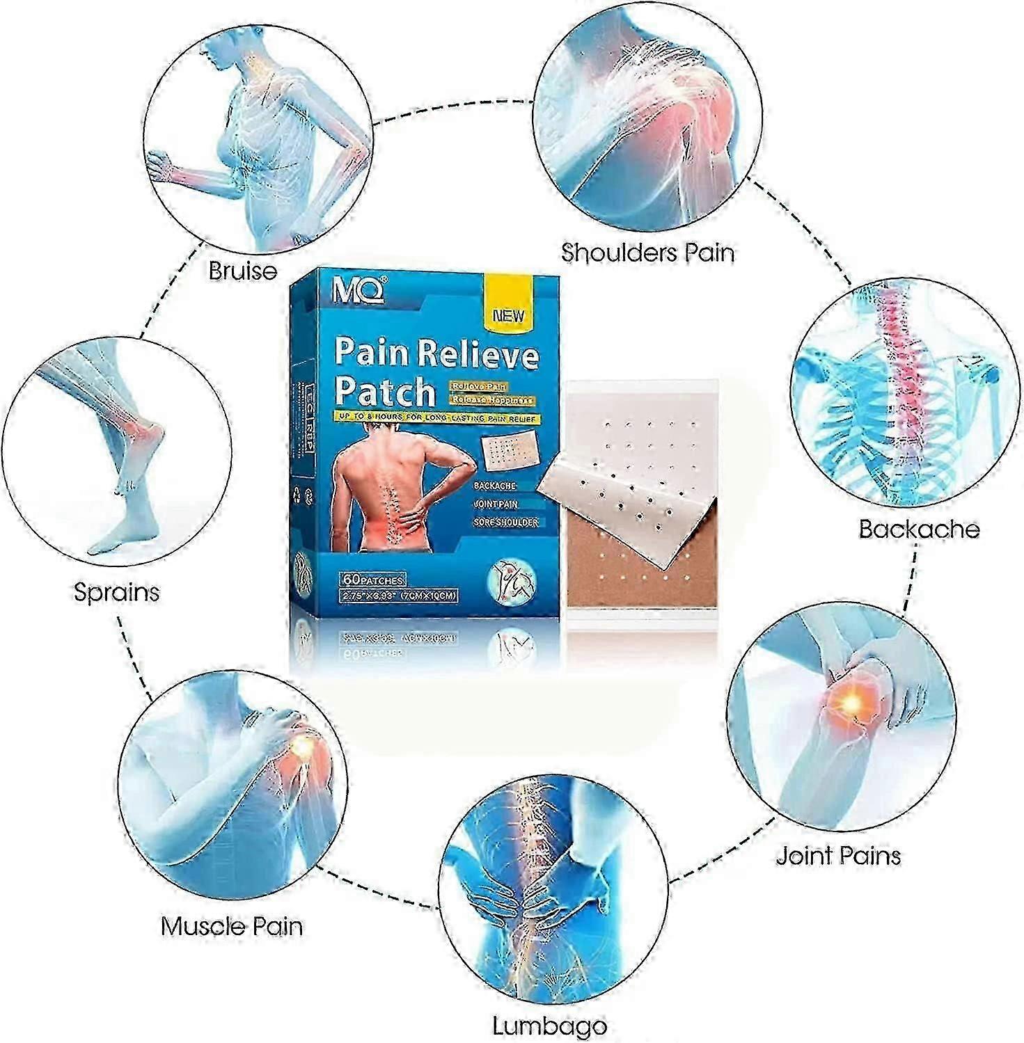 Smerteplasterpakke med 60 varmebehandlings-smertelindringplaster, 24 timers langvarig smertelindring til ryg, knæ, led, nakke, skulder, muskler