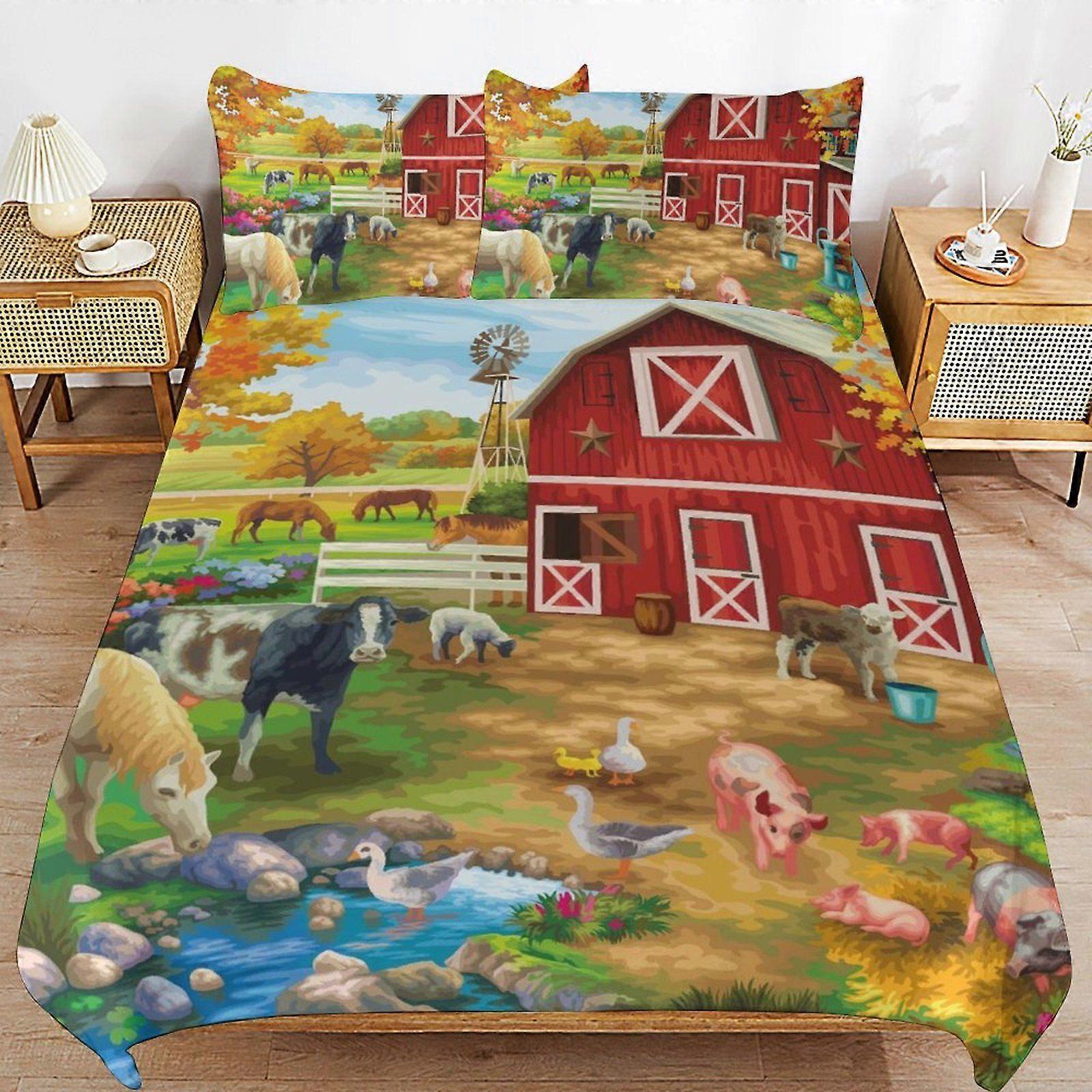 d407 Happy Farm Consistent Comfort Durable Thread Weave Soft Zipper Duvet Cover Sets Machine Wash Safe b407